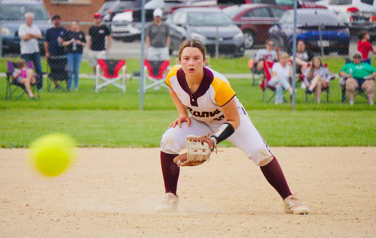 Ross third baseman Kam Commins gets ready during a pitch against Fairfield on Monday night. Chris Vogt/CONTRIBUTED