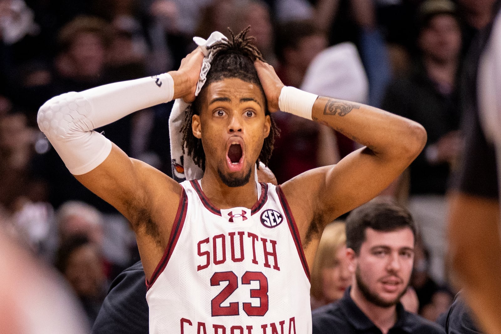 South Carolina guard Cam Scott (23) reacts to a foul during the first half of an NCAA college basketball game against the Auburn on Saturday, Jan. 11, 2025, in Columbia, S.C. (AP Photo/Scott Kinser)