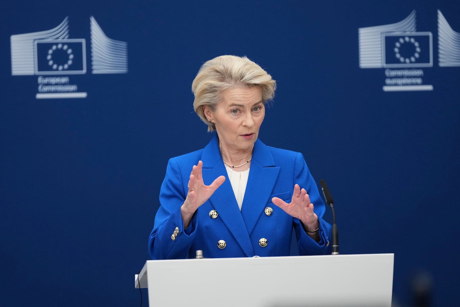 European Commission President Ursula von der Leyen speaks during a media conference on the defense package at EU headquarters in Brussels, Tuesday, March 4, 2025. (AP Photo/Virginia Mayo)