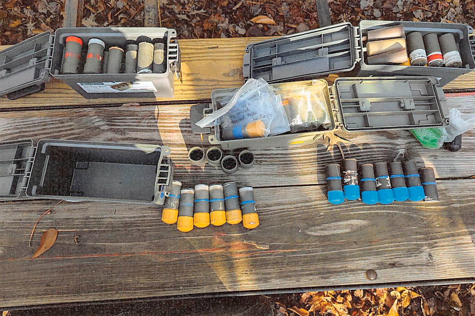 This image provided by U.S. Attorney’s Office, Eastern District of Virginia shows a stockpile of homemade explosives Federal agents seized when they arrested Brad Spafford, a Virginia man on a firearms charge in Dec. 2024. (U.S. Attorney’s Office, Eastern District of Virginia via AP)