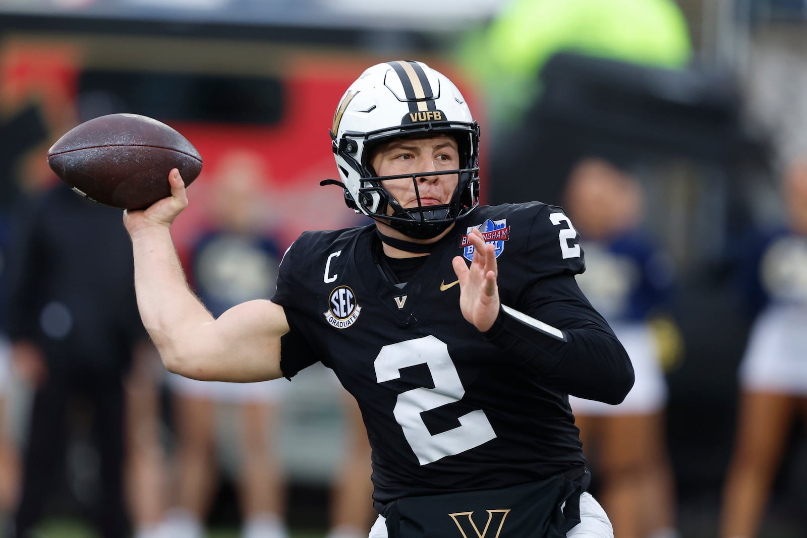 Vanderbilt quarterback Diego Pavia throws a pass against Georgia Tech during the first half of the Birmingham Bowl NCAA college football game, Friday, Dec. 27, 2024, in Birmingham, Ala. (AP Photo/Butch Dill)