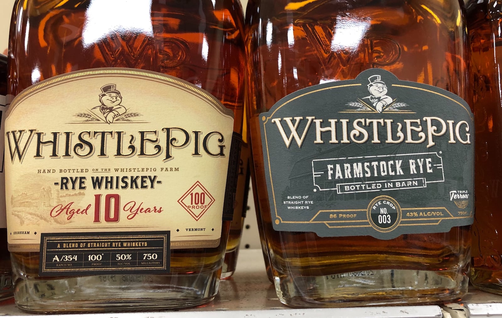 This photo shows two other WhistlePig distillery rye whiskeys. A single-barrel version will go on sale Friday, Feb. 7 at two Dayton-area state-agency liquor stores.