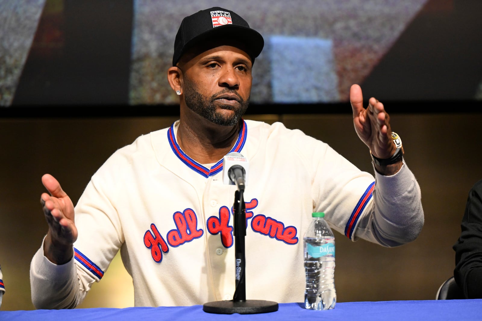 Newly elected Baseball Hall of Fame inductee CC Sabathia talks to reporters during a news conference Thursday, Jan. 23, 2025, in Cooperstown, N.Y. (AP Photo/Hans Pennink)