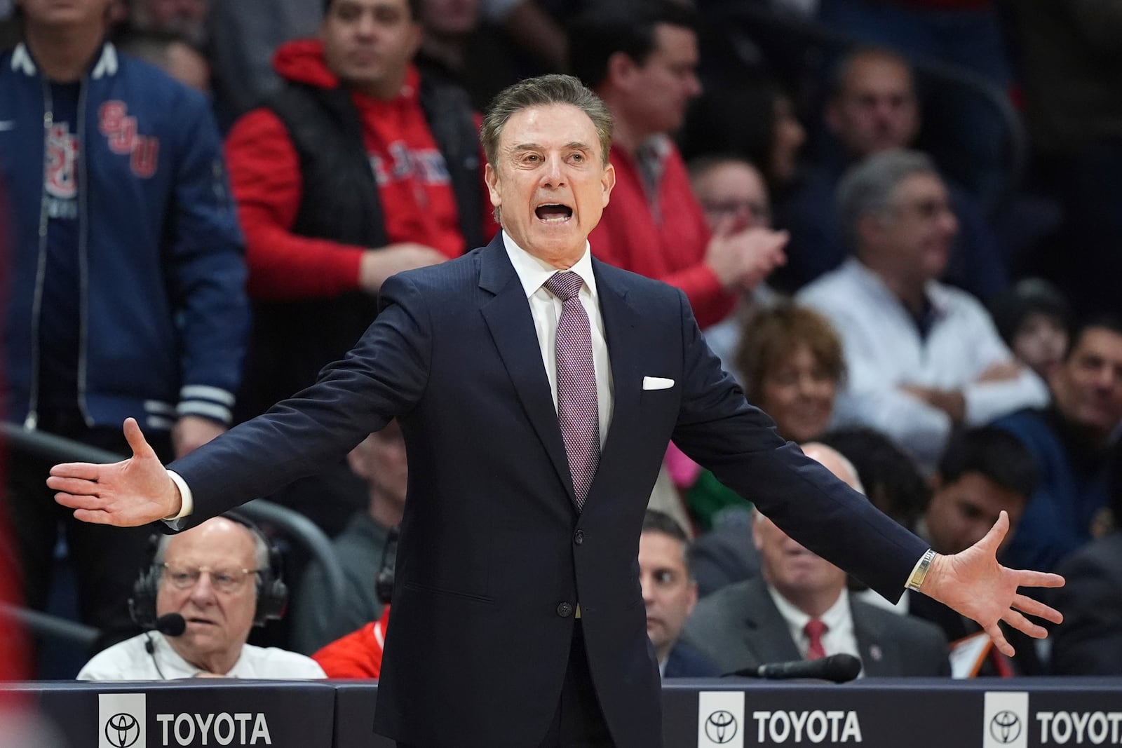 St. John's Rick Pitino reacts during the first half of an NCAA college basketball game against Villanova, Wednesday, Feb. 12, 2025, in Villanova, Pa. (AP Photo/Matt Slocum)