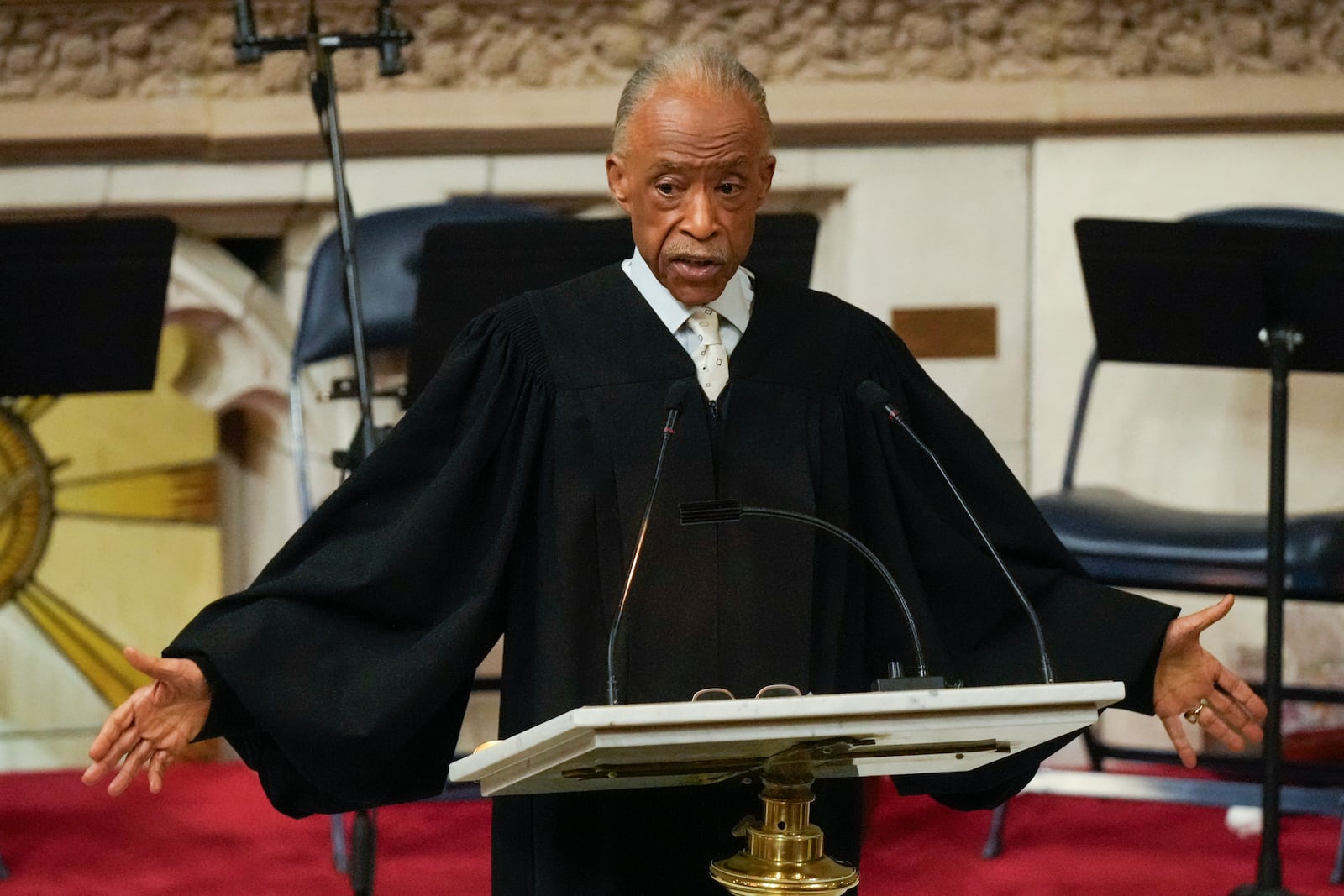 Al Sharpton speaks during a ceremony in celebration of Roberta Flack's life at The Abyssinian Baptist Church on Monday, March 10, 2025, in New York. (AP Photo/Richard Drew)