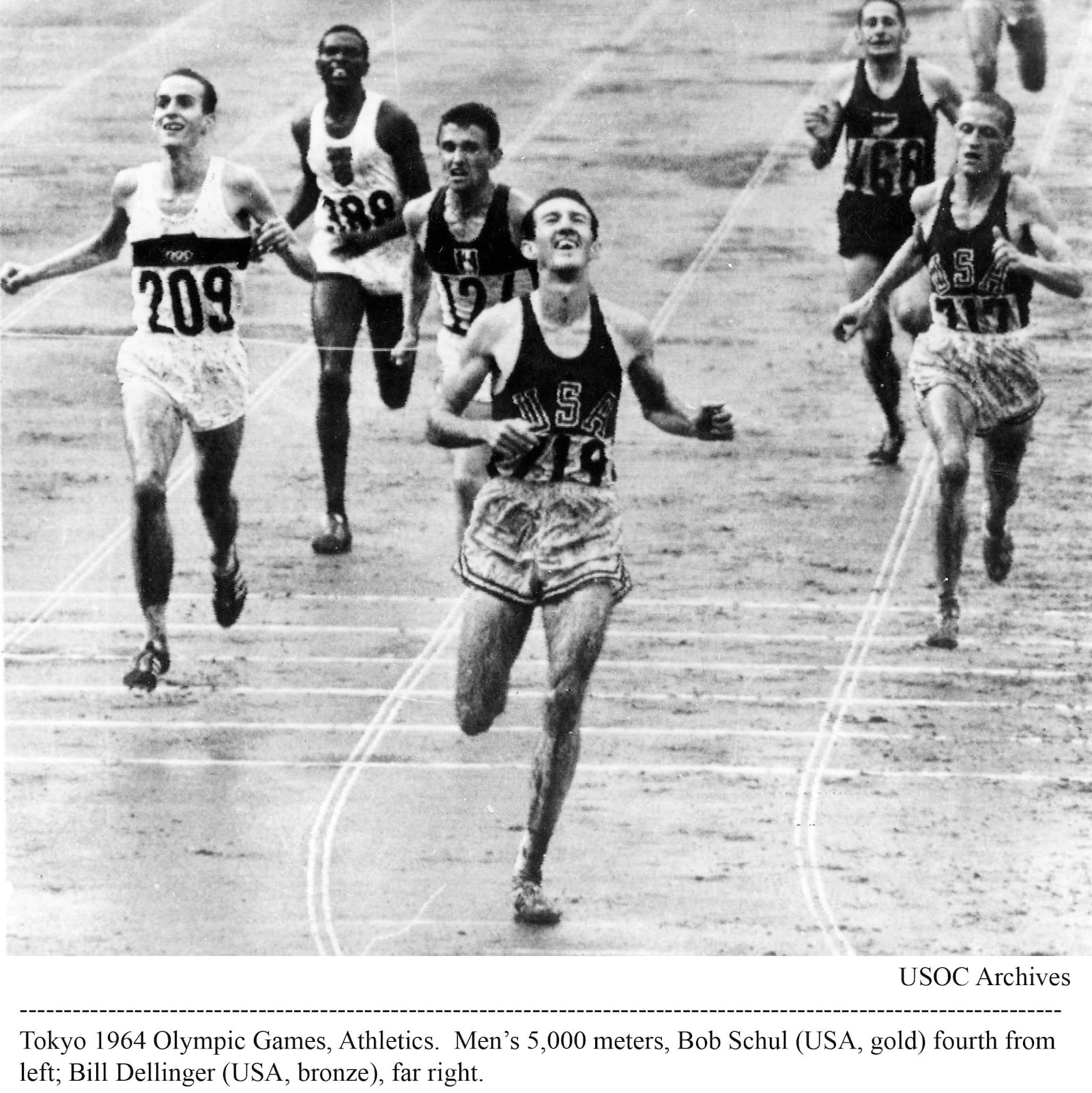 Bob Schul crossed the finish line to become the first American and only American to win the 5,000 meters in the Olympics at the Tokyo Games on Oct. 18, 1964. Photo courtesy of USOC archives.