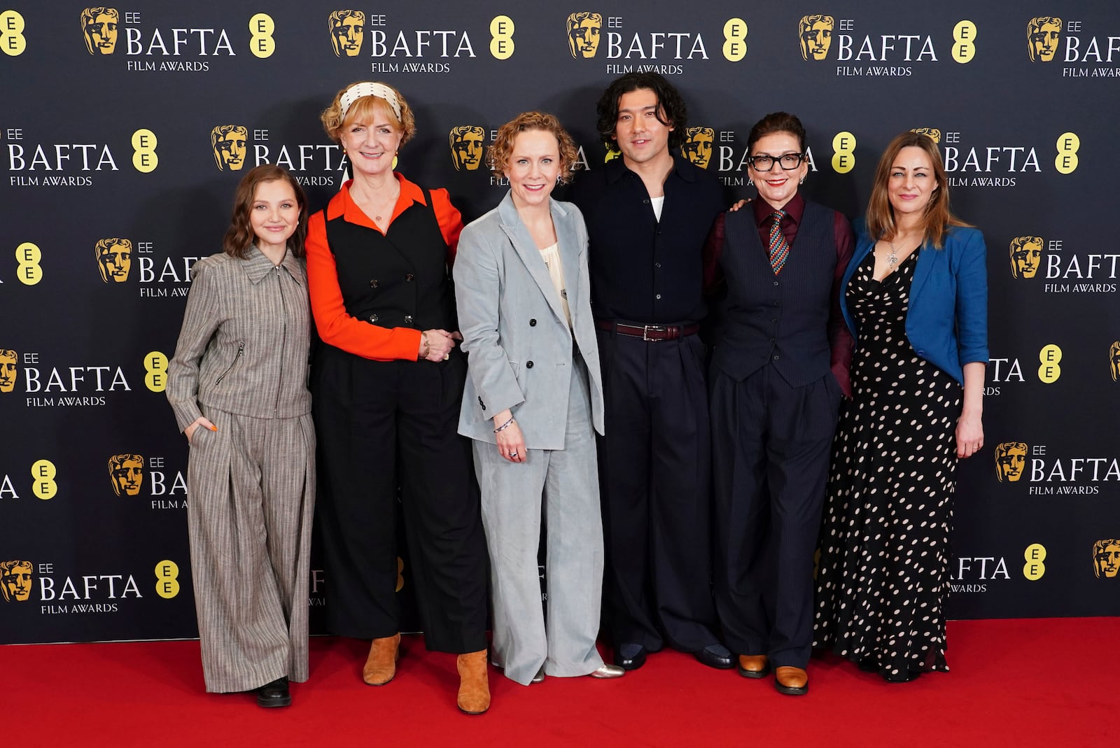 From left, Mia McKenna-Bruce, Sara Putt, Anna Higgs, Will Sharpe, Jane Millichip, and Emma Baehr attend the BAFTA Film Awards 2025 nominations announcement, at BAFTA, in central London, Wednesday, Jan. 15, 2025. (Ian West/PA via AP)