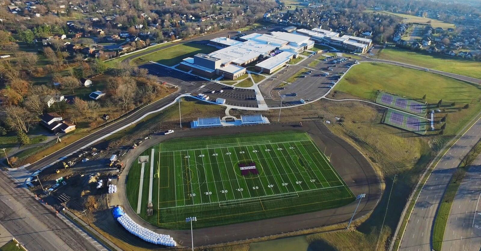 Aerial photos show the Middletown High School and middle school campus. The historic and massive transformation was a $96 million project â€” the largest in the city schools â€” and involved the flipping of a track and field stadium to the opposite side of the campus. submitted