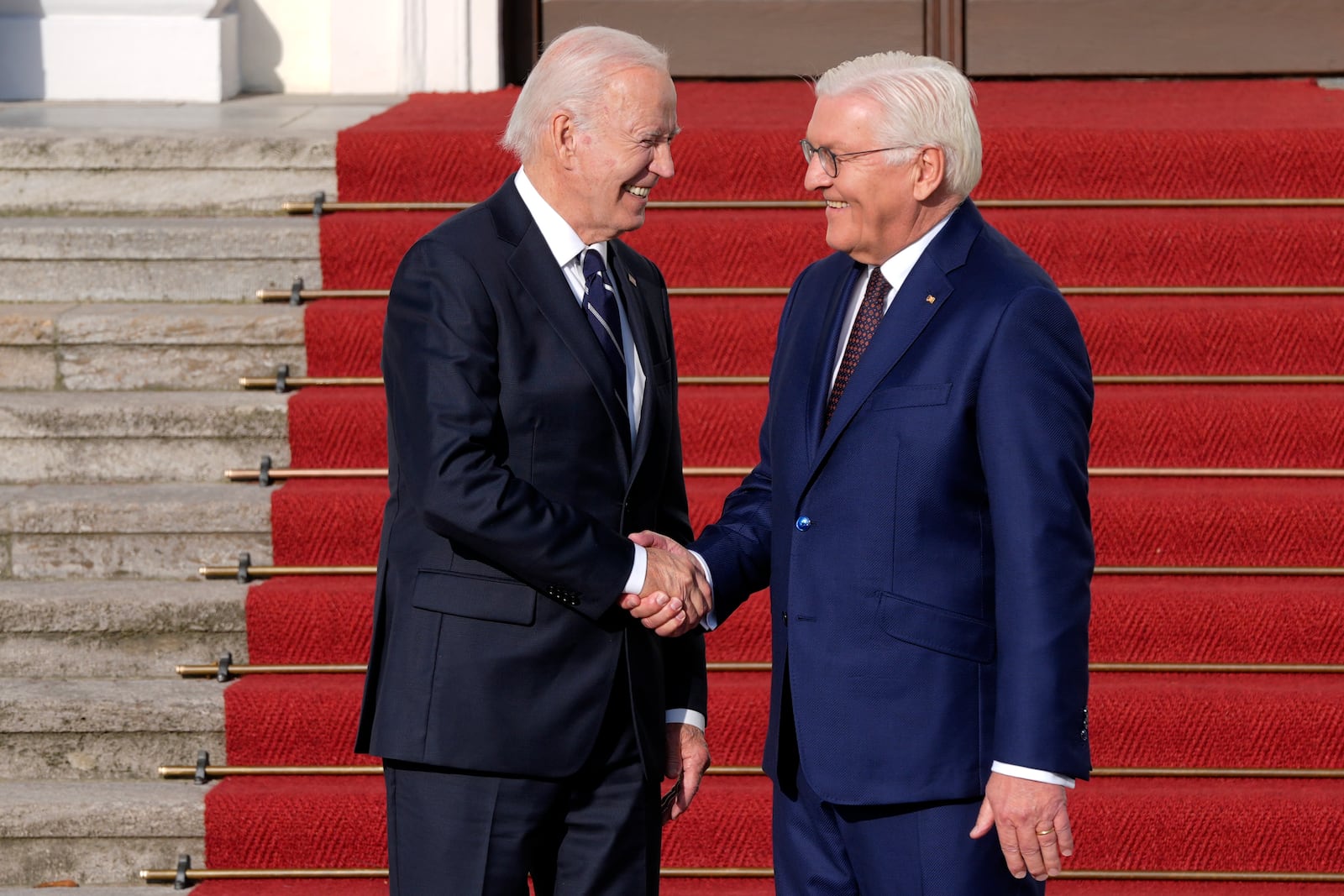 President Joe Biden is welcomed by German President Frank-Walter Steinmeier during the welcoming ceremony at Bellevue Palace in Berlin, Germany, Friday, Oct. 18, 2024. (AP Photo/Matthias Schrader)