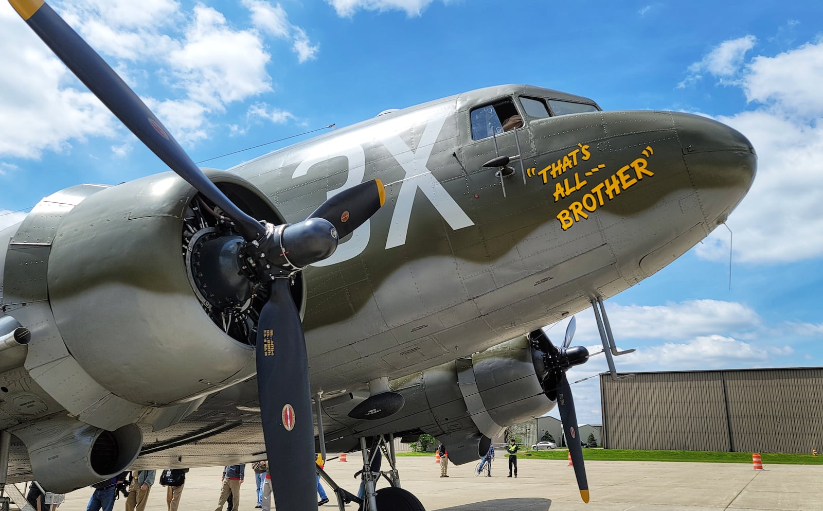 That’s All, Brother, a C-47 piloted by Lt. Col. John Donalson, arrived at Butler County Regional Airport Friday, April 16 for a three-day visit with tours and rides available. The historic WWII C-47 aircraft led over 800 C-47’s over the drop zones of Normandy, France on D-Day on June 6th, 1944. NICK GRAHAM / STAFF