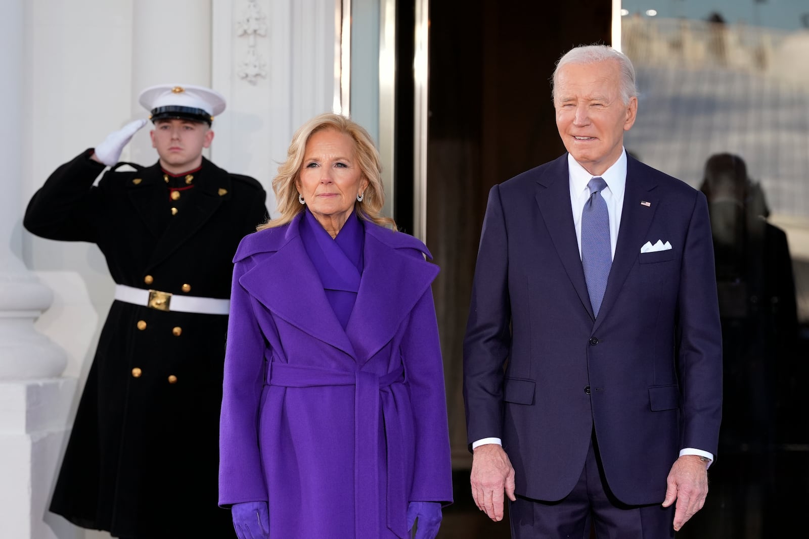 President Joe Biden and first lady Jill Biden walk out to greet Vice President Kamala Harris and second gentleman Doug Emhoff upon their arrival at the White House, Monday, Jan. 20, 2025, in Washington. (AP Photo/Alex Brandon)