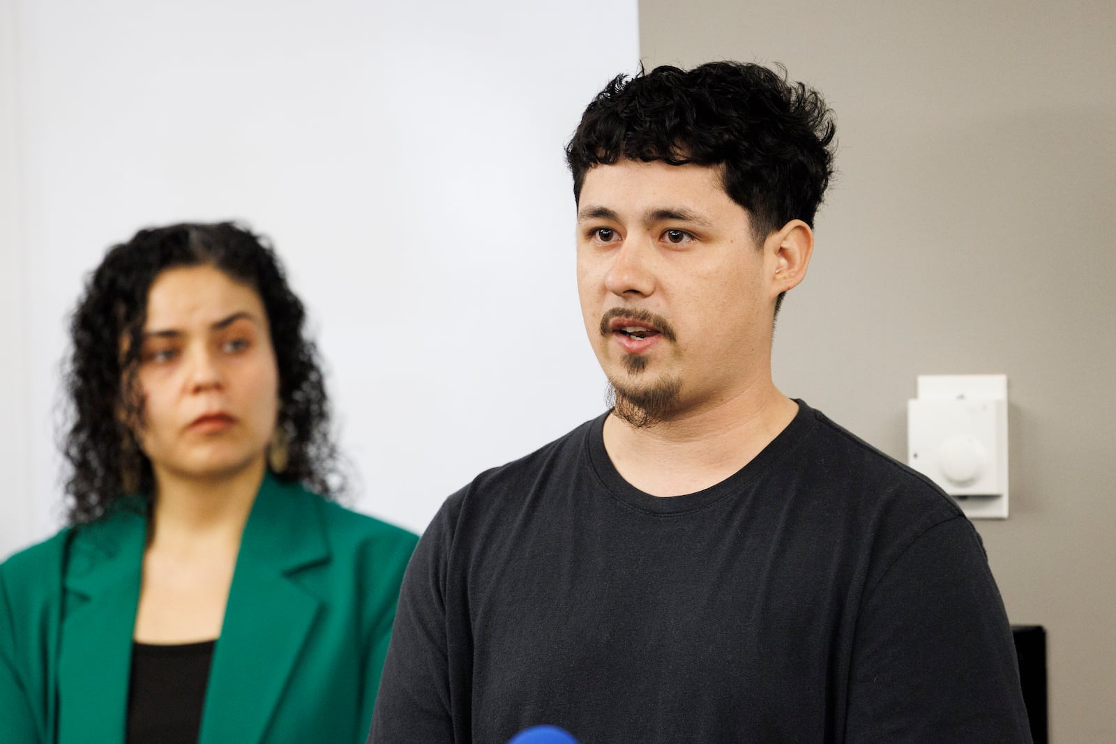 Eduardo Orozco discusses the arrest of his father, Abel Orozco, during a press conference to announce a court action to prevent unlawful arrests the at the offices of the National Immigrant Justice Center Monday, March 17, 2025, in Chicago. (Anthony Vazquez/Chicago Sun-Times via AP)