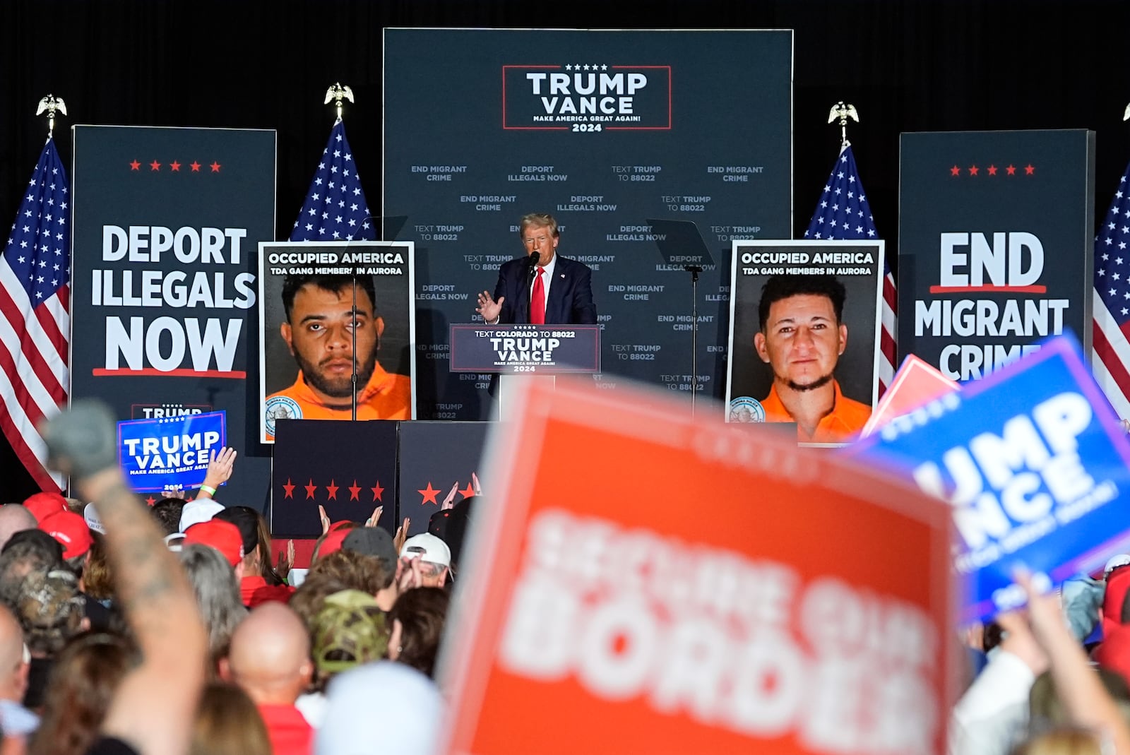 Republican presidential nominee former President Donald Trump speaks at a campaign rally at the Gaylord Rockies Resort and Convention Center Friday, Oct. 11, 2024, in Aurora, Colo. (AP Photo/David Zalubowski)