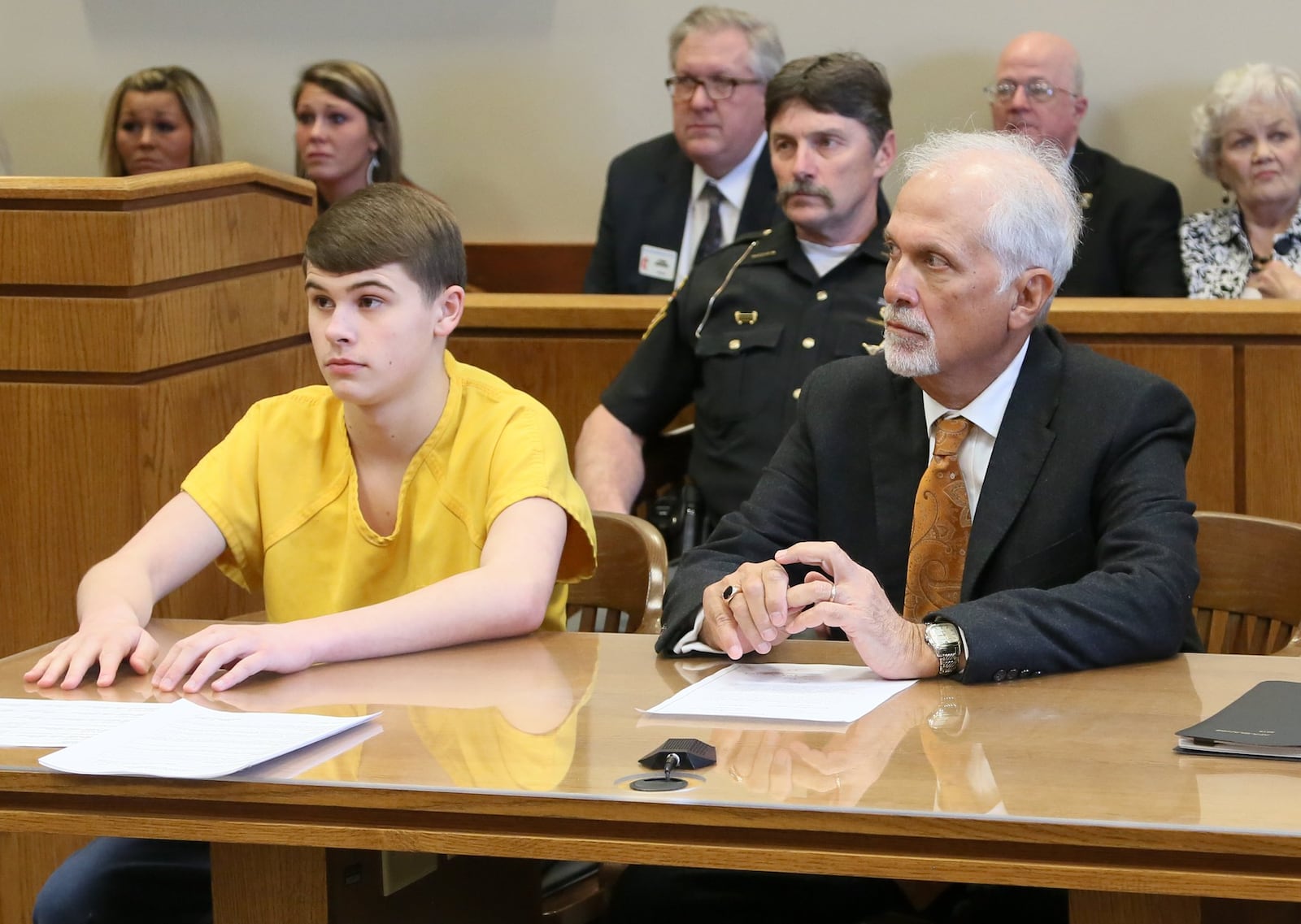 Austin Hancock, the teen accused in a shooting at Madison Jr./Sr. High School, appeared with his attorney Charlie Rittgers Sr. in juvenile court April 5 for a pretrial hearing. GREG LYNCH / STAFF