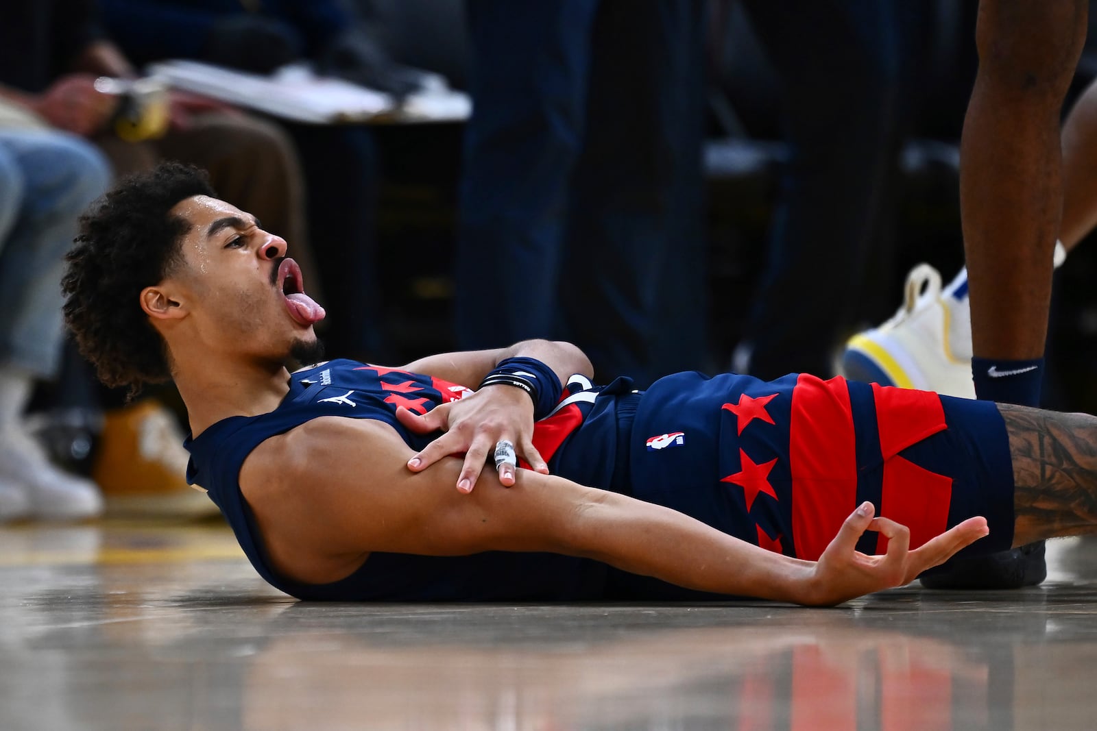 Washington Wizards' Jordan Poole reacts after making the basket and getting fouled foul by the Golden State Warriors in the second quarter of an NBA basketball game in San Francisco, Saturday, Jan. 18, 2025. (Jose Carlos Fajardo/Bay Area News Group via AP)