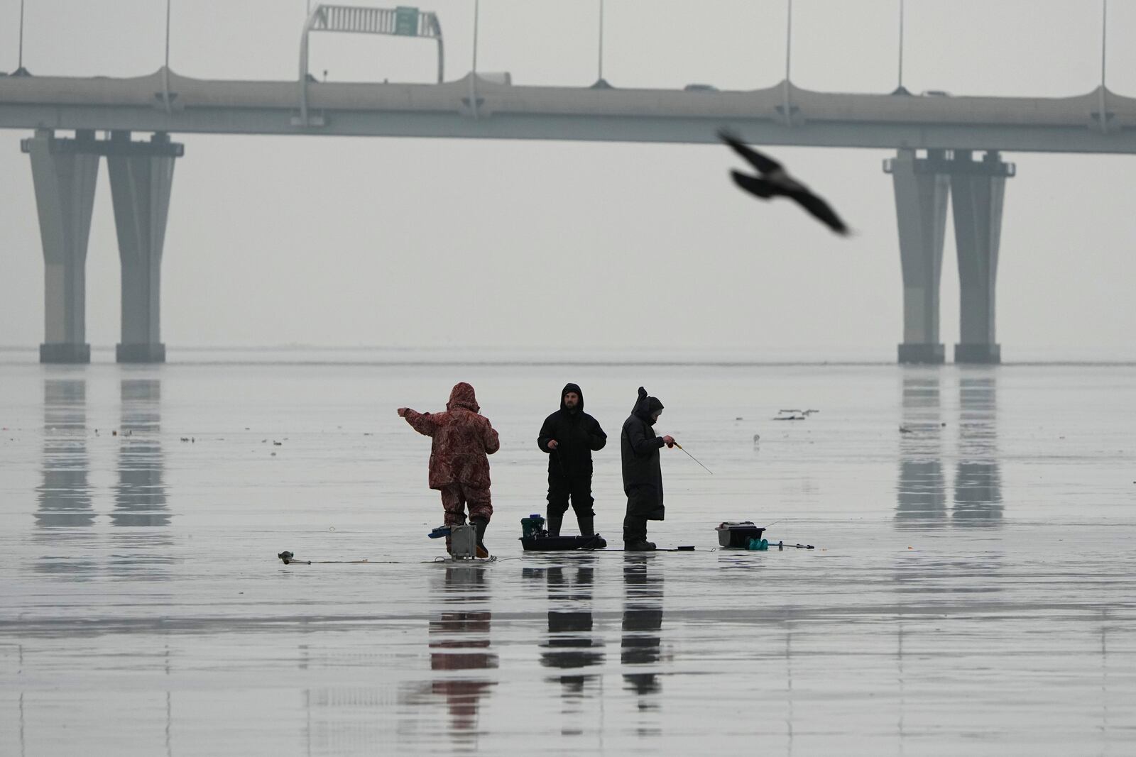 Men fish on melting ice not far from shore on the Gulf of Finland in St. Petersburg, Russia, Wednesday, Jan. 29, 2025, during unusually warm weather with temperatures at 5 degrees Celsius (41 degrees Fahrenheit). (AP Photo/Dmitri Lovetsky)