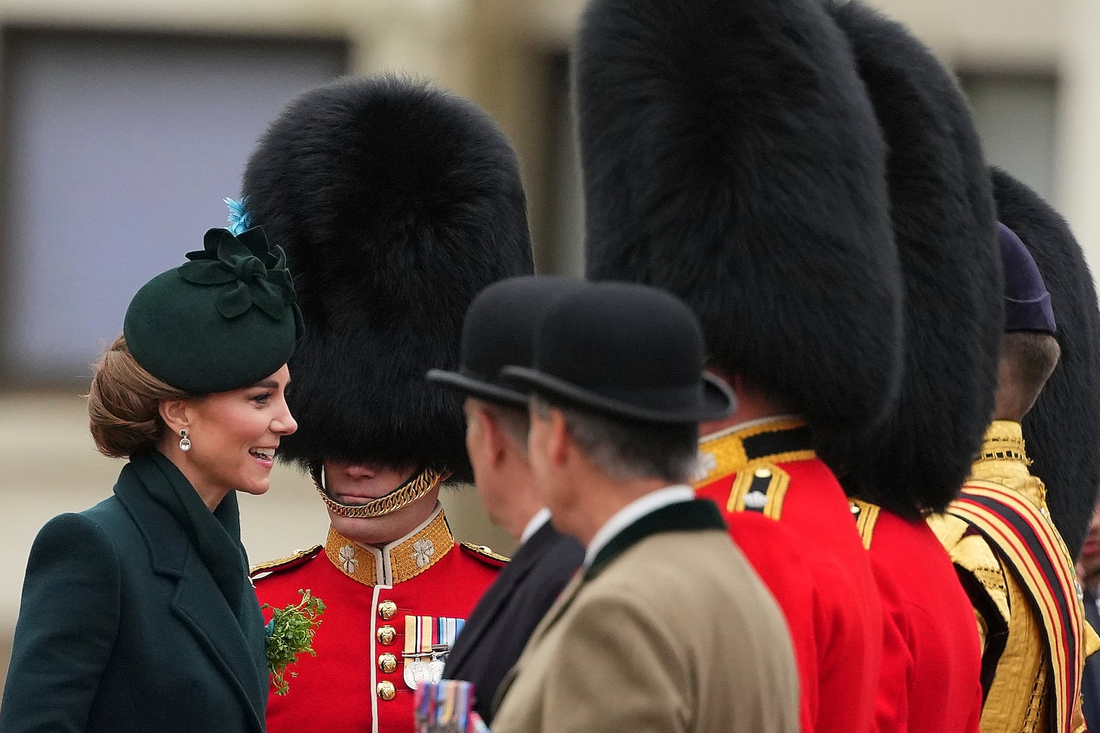 Britain's Kate, the Princess of Wales, arrives to join the Irish Guards, their veterans, families, serving soldiers, reservists, and young cadets from Northern Ireland, at a special St Patrick's Day parade and celebration at Wellington Barracks in London, Monday, March 17, 2025.(AP Photo/Kirsty Wigglesworth)