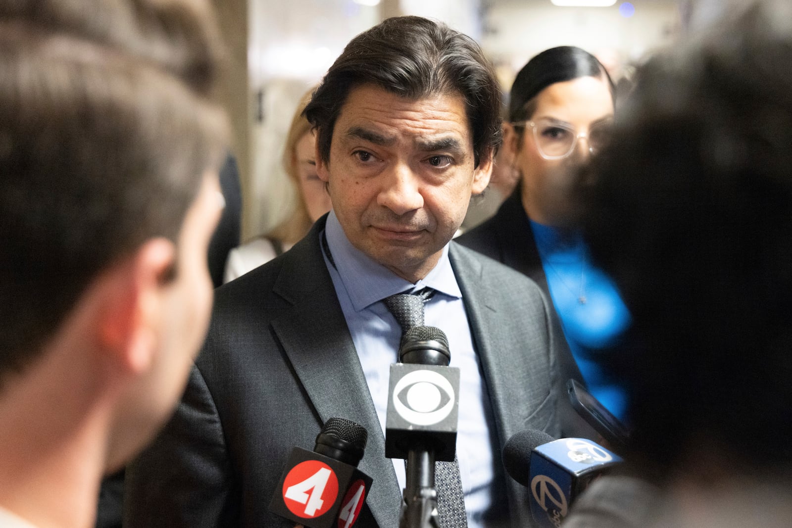 Attorney Tony Brass makes remarks at the Hall of Justice during the murder trial of Nima Momeni Tuesday, Dec. 17, 2024, in San Francisco. (AP Photo/Benjamin Fanjoy)