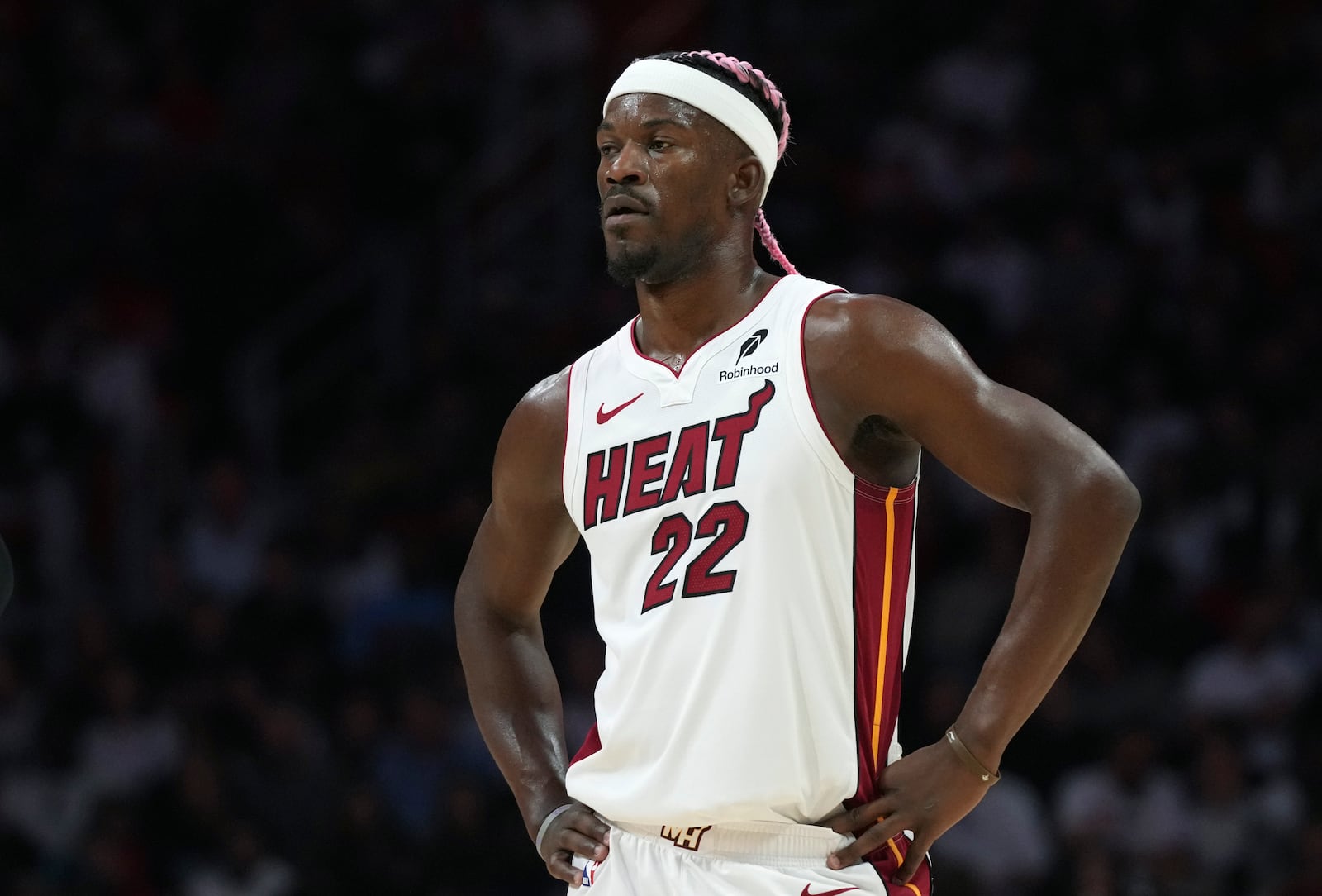 Miami Heat forward Jimmy Butler (22) stands on the court during the second half of an NBA basketball game against the New Orleans Pelicans, Wednesday, Jan. 1, 2025, in Miami. (AP Photo/Lynne Sladky)