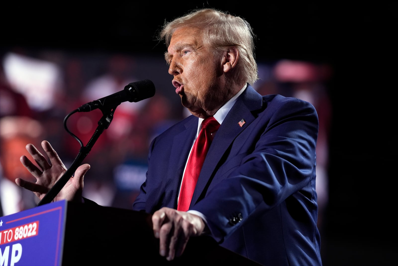 Republican presidential nominee former President Donald Trump speaks at a campaign rally, Friday, Oct. 18, 2024, in Detroit. (AP Photo/Evan Vucci)