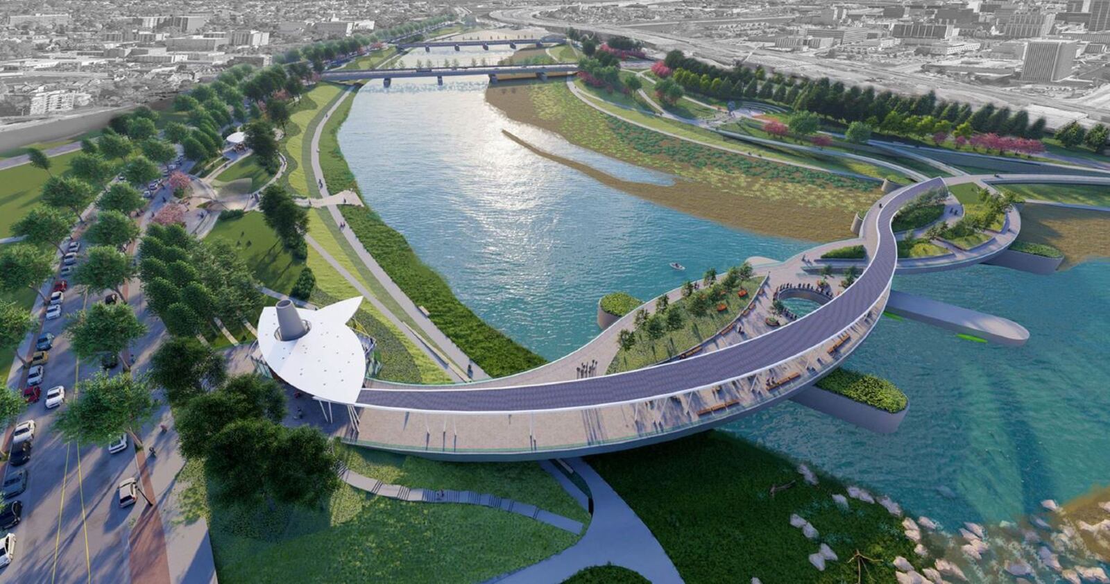 A rendering of a proposed pedestrian bridge and park-over-the-river connecting the existing Sunrise MetroPark and the proposed Sunset park. CONTRIBUTED / FIVE RIVERS METROPARKS