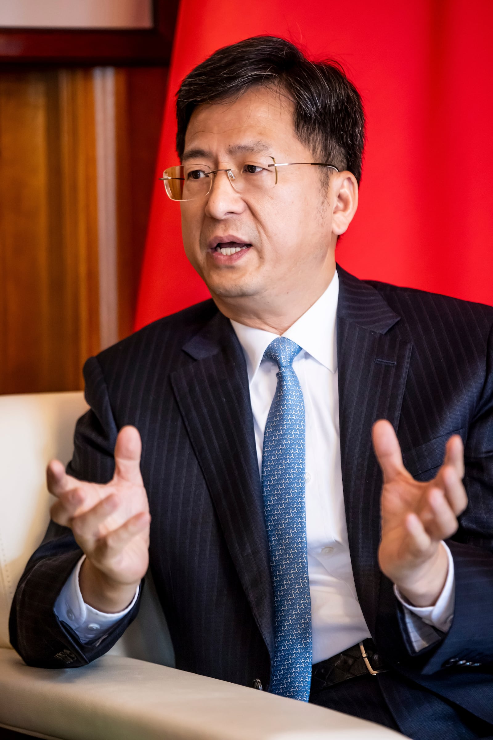 Zhang Jianmin, the consul general of the People's Republic of China in San Francisco, addresses President Donald Trump's tariffs on China during a meeting with the press at his home in San Francisco, Wednesday, March 12, 2025. (Carlos Avila Gonzalez/San Francisco Chronicle via AP)