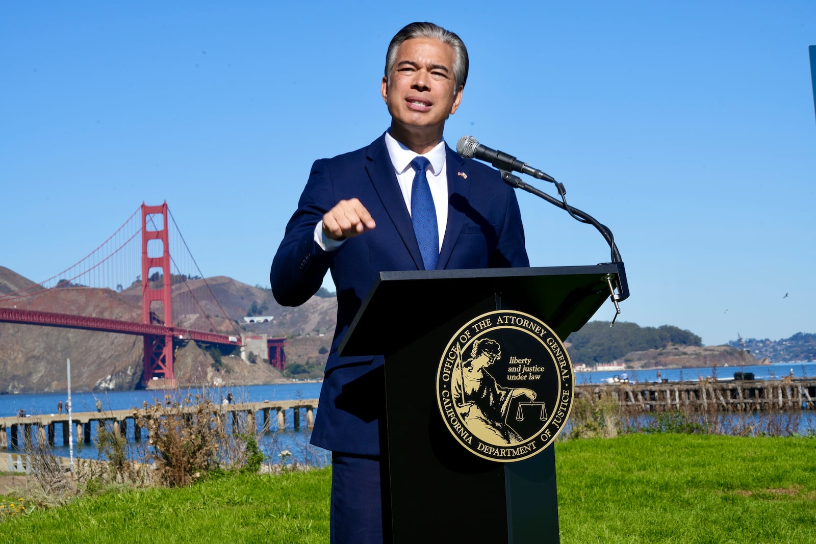 FILE - California Attorney General Rob Bonta speaks at a news conference in front of the Golden Gate Bridge in San Francisco on Thursday, Nov. 7, 2024. (AP Photo/Terry Chea, File)