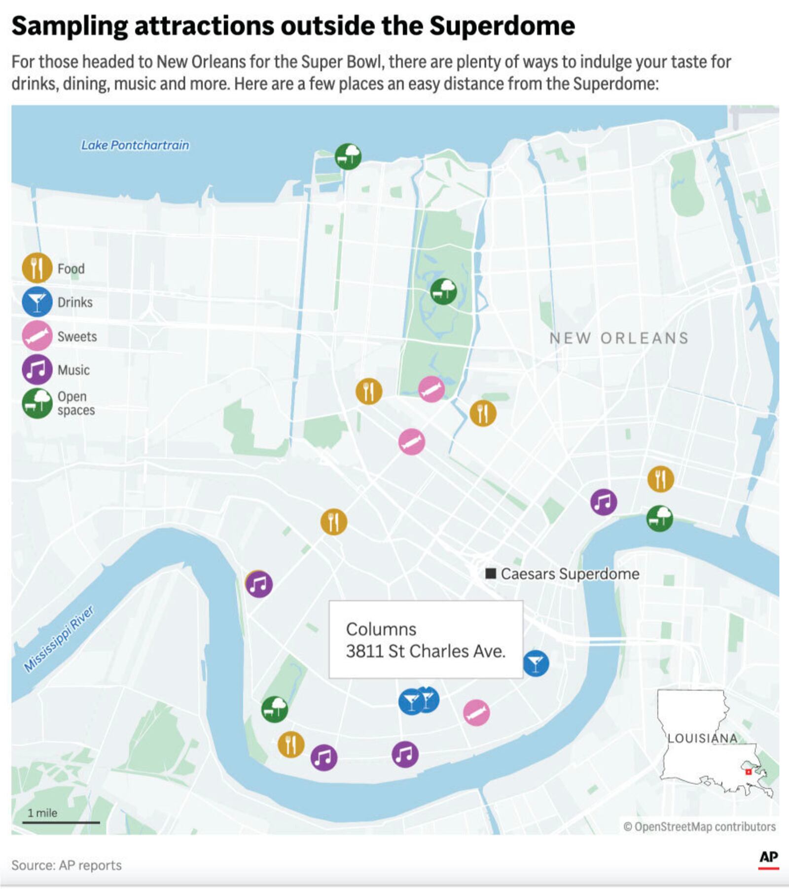 There's no shortage of things to do in New Orleans for those in town for the Super Bowl. (AP Graphic)