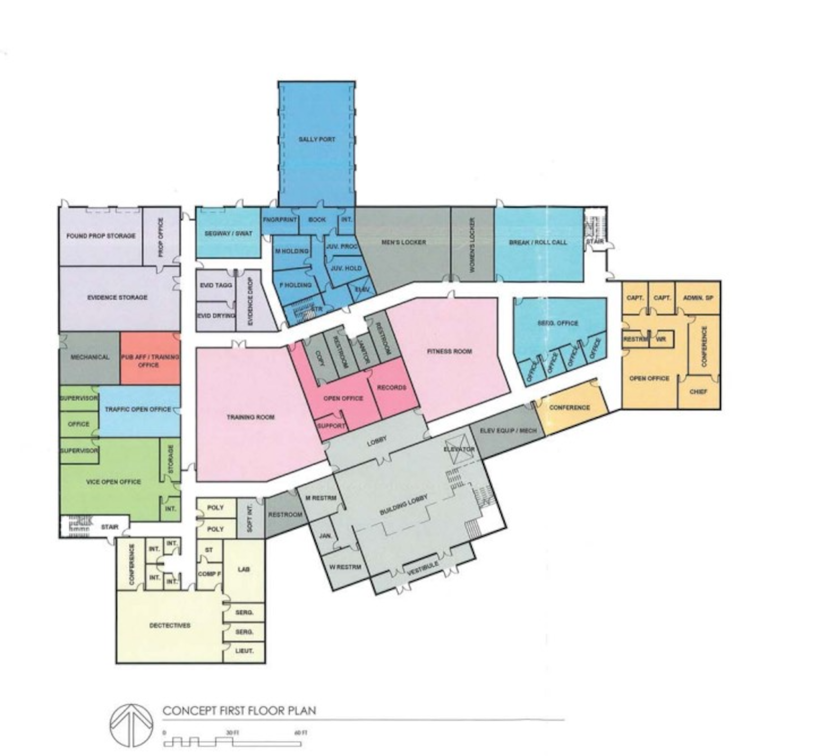 Pictured are the 2016 drawings from the proposed Hamilton Justice Center. City officials say the facility won't be much different than what was designed in 2016. A contract for a project manager could be signed as early as Friday, April 8, 2022. Pictured is the first floor of the proposed justice center. PROVIDED