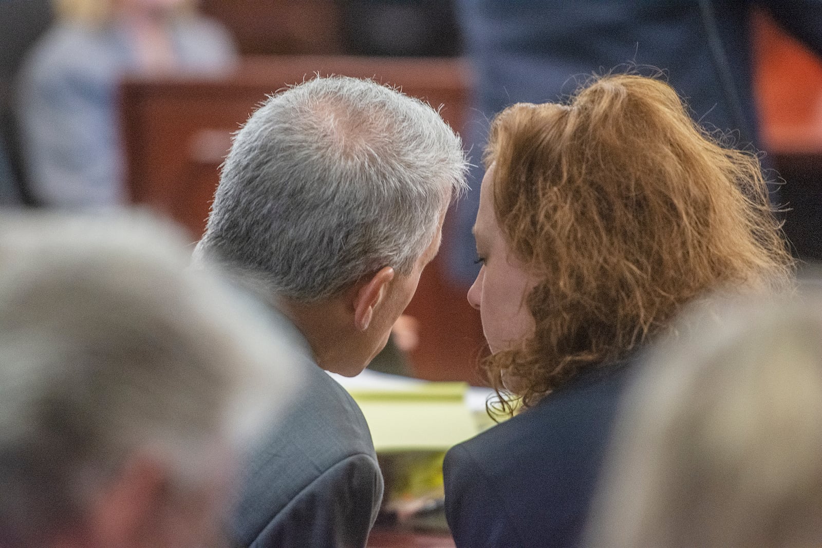 Former Brunswick Judicial Circuit District Attorney Jackie Johnson, right, confers with her attorney, Brian Steele, left, during a pretrial motions hearing in her violation of oath of office case Wednesday, Dec. 11, 2024, at the Glynn County Courthouse in Brunswick, Georgia. (Michael Hall/Pool Photo via AP)