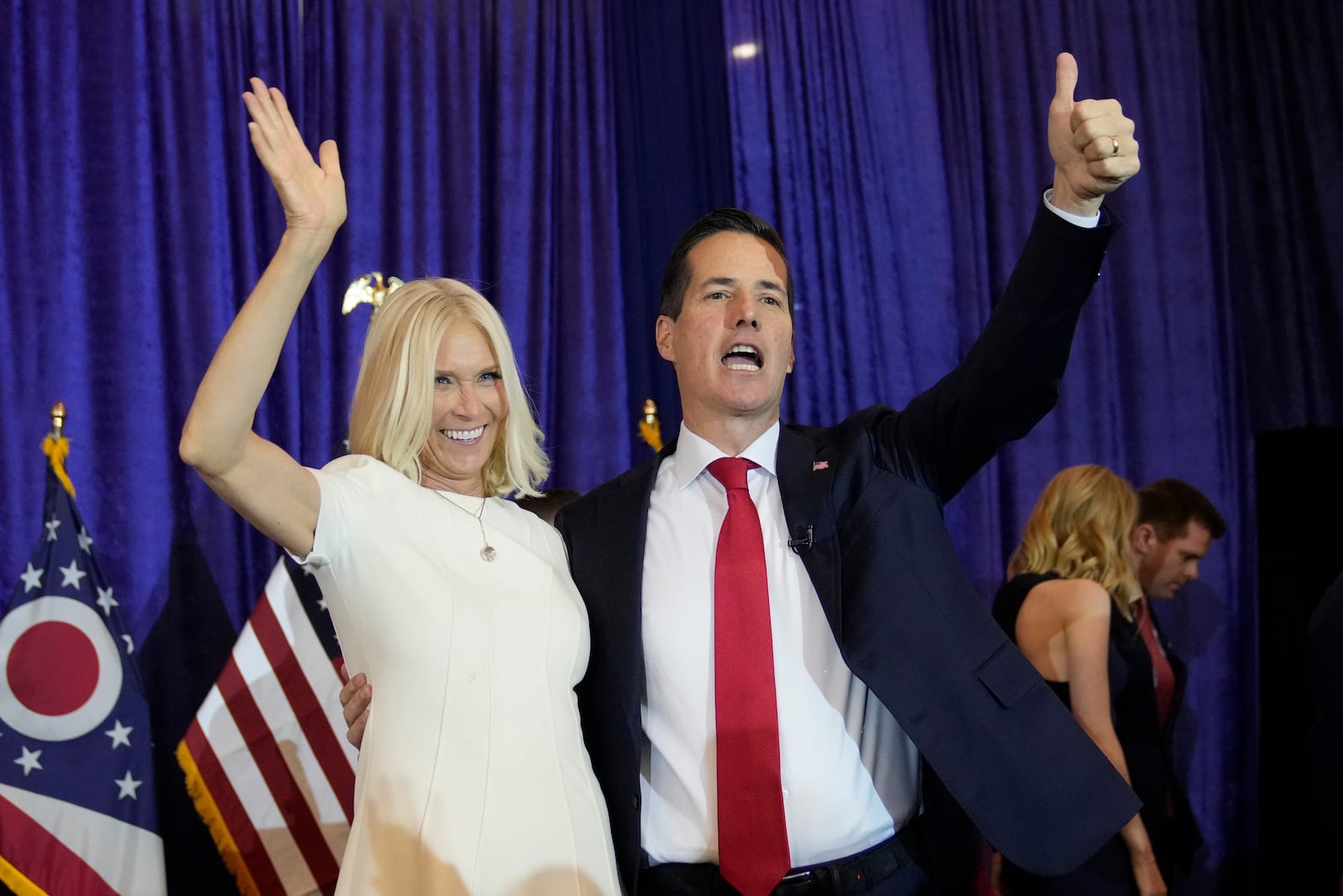 Ohio Republican Senate candidate Bernie Moreno during a watch party on election night, Tuesday, Nov. 5, 2024, in Westlake, Ohio, with his wife Bridget. (AP Photo/Sue Ogrocki)