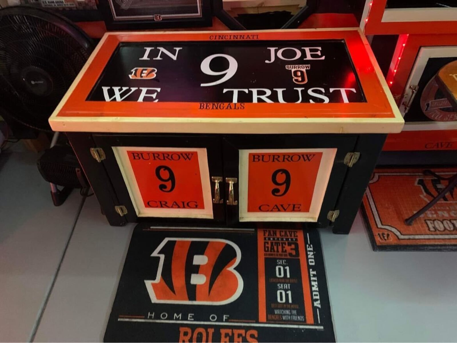 Craig Rolfes, of Franklin in Warren County, has a garage that is completed covered in items that show his love for the Cincinnati Bengals. CONTRIBUTED/KELLY ROLFES