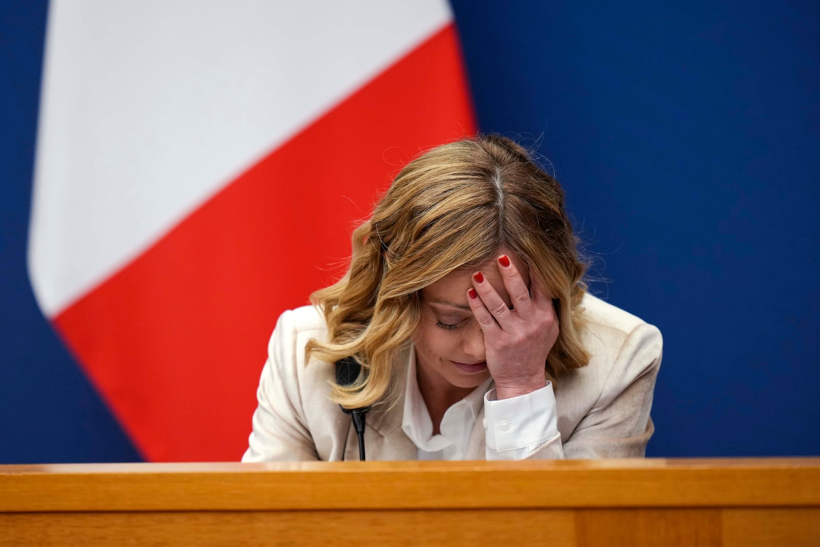 Italian Premier Giorgia Meloni holds the 2024 year-end press conference, in Rome, Thursday, Jan. 9, 2025. (AP Photo/Alessandra Tarantino)