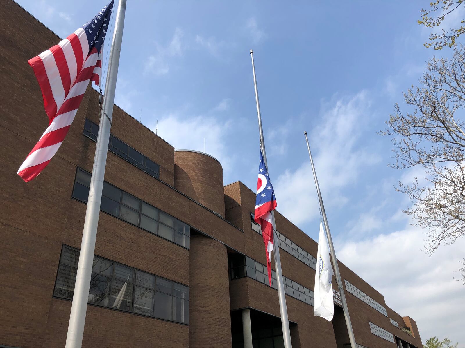 The three flags outside the Middletown City Building were lowered to half-staff Tuesday in honor of Anita Scott Jones, the city's former vice mayor who died April 11. RICK McCRABB/STAFF