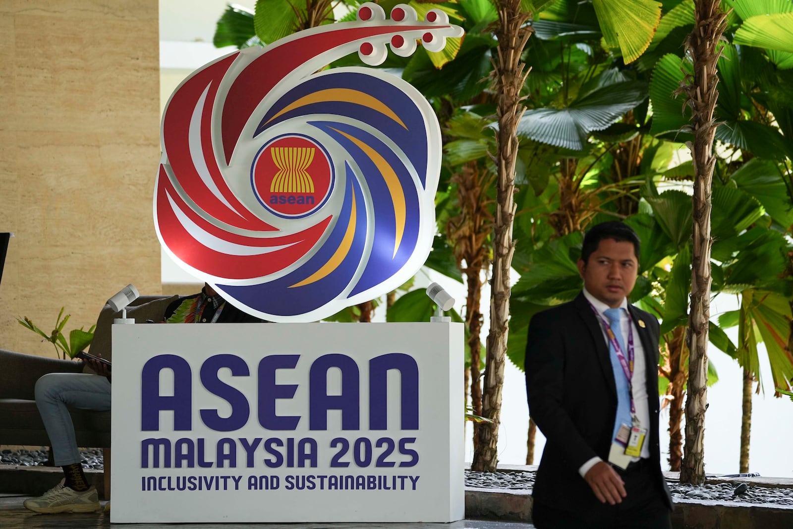 The logo of the Association of Southeast Asian Nations (ASEAN) displayed at a hotel where the ASEAN Foreign Ministers' Retreat (AMM) is taking place in Langkawi, Malaysia, on Saturday, January 18, 2025. (AP Photo/Azneal Ishak)