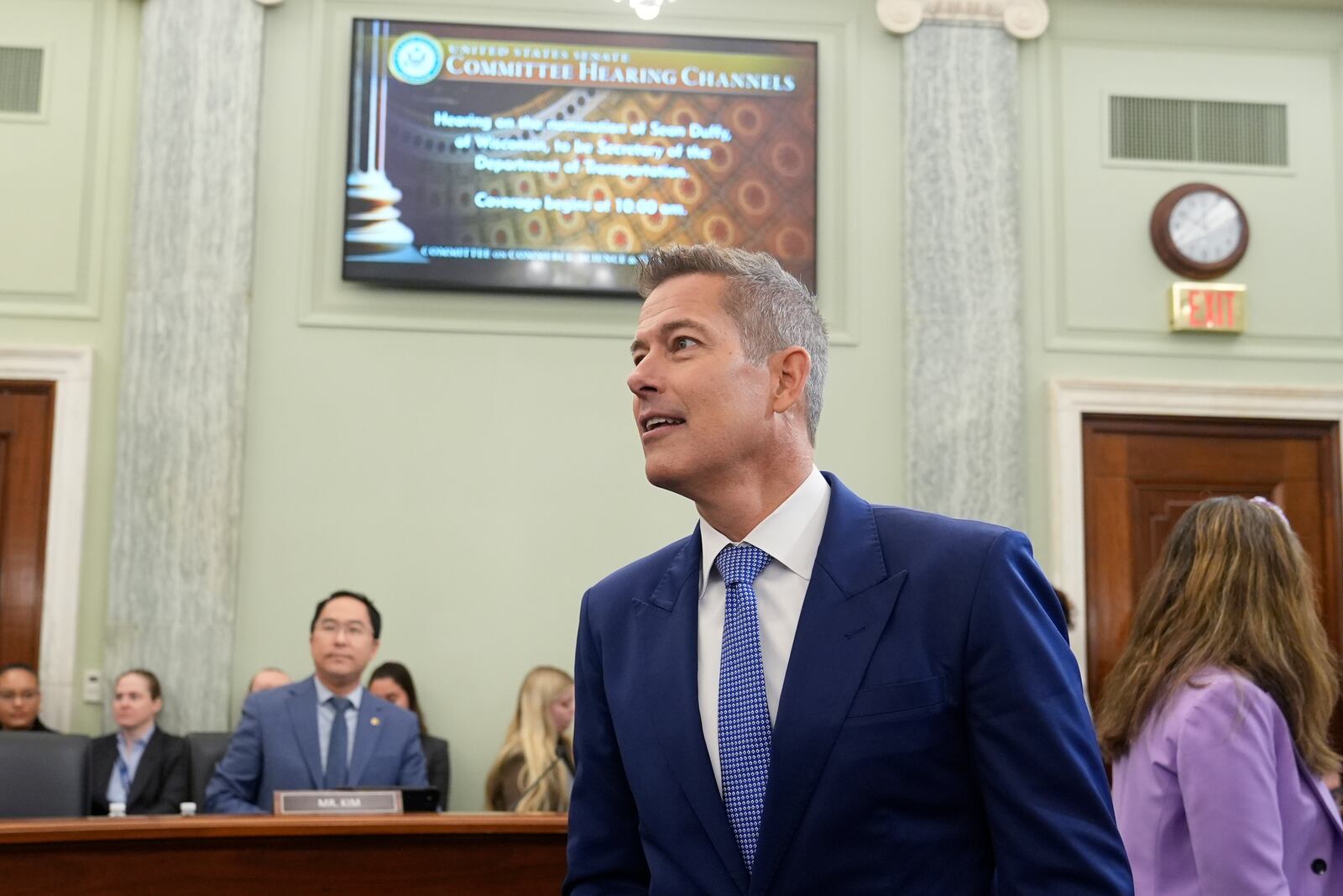 Former Wisconsin Rep. Sean Duffy, R-Wis., arrives to testify before the Senate Commerce, Science, and Transportation Committee on Capitol Hill in Washington, Wednesday, Jan. 15, 2025, for his nomination to be Transportation Secretary. (AP Photo/Susan Walsh)