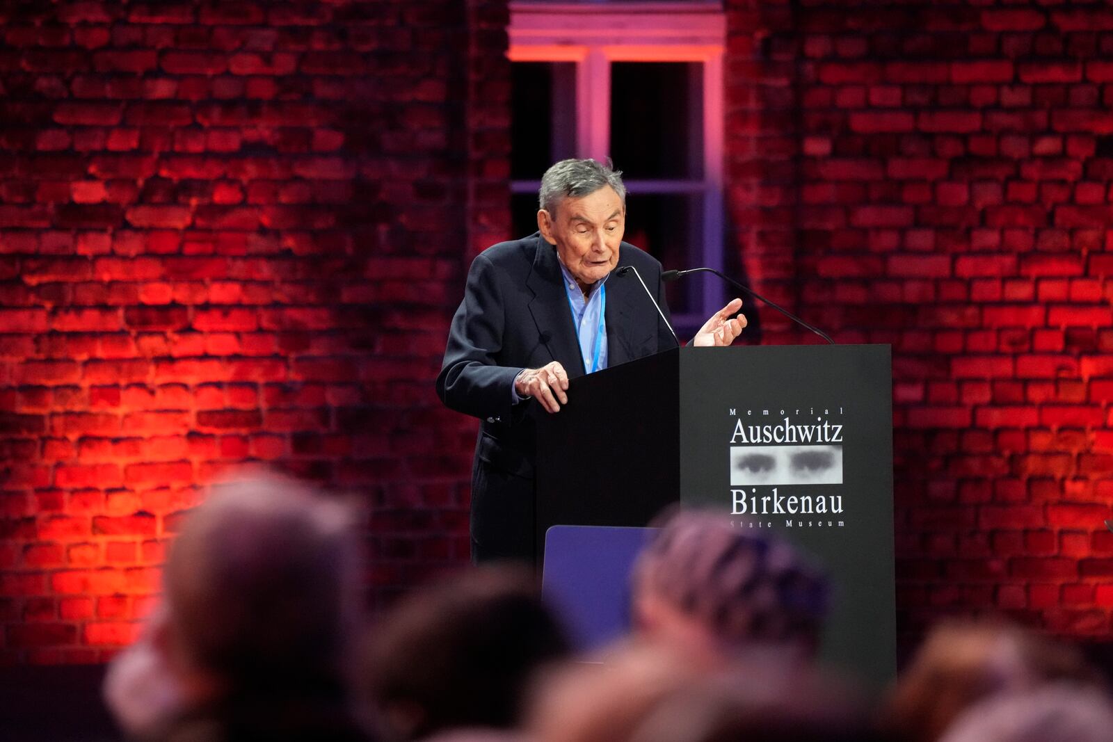 Holocaust survivor Marian Turski addresses guests at the Auschwitz-Birkenau former Nazi German concentration and extermination camp, during a ceremony marking the 80th anniversary of its liberation, in Oswiecim, Poland, Monday, Jan. 27. 2025. (AP Photo/Czarek Sokolowski)