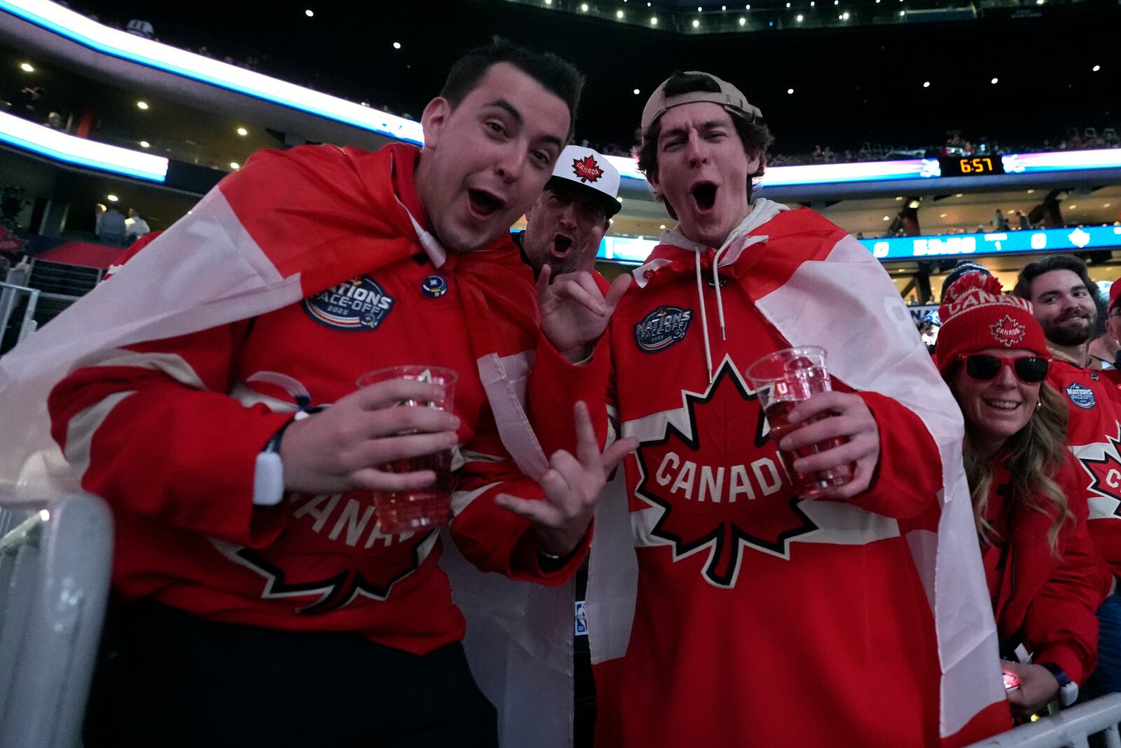 Canadian fans rally prior to the 4 Nations Face-Off Championship hockey game, Thursday, Feb. 20, 2025, in Boston. (AP Photo/Charles Krupa)