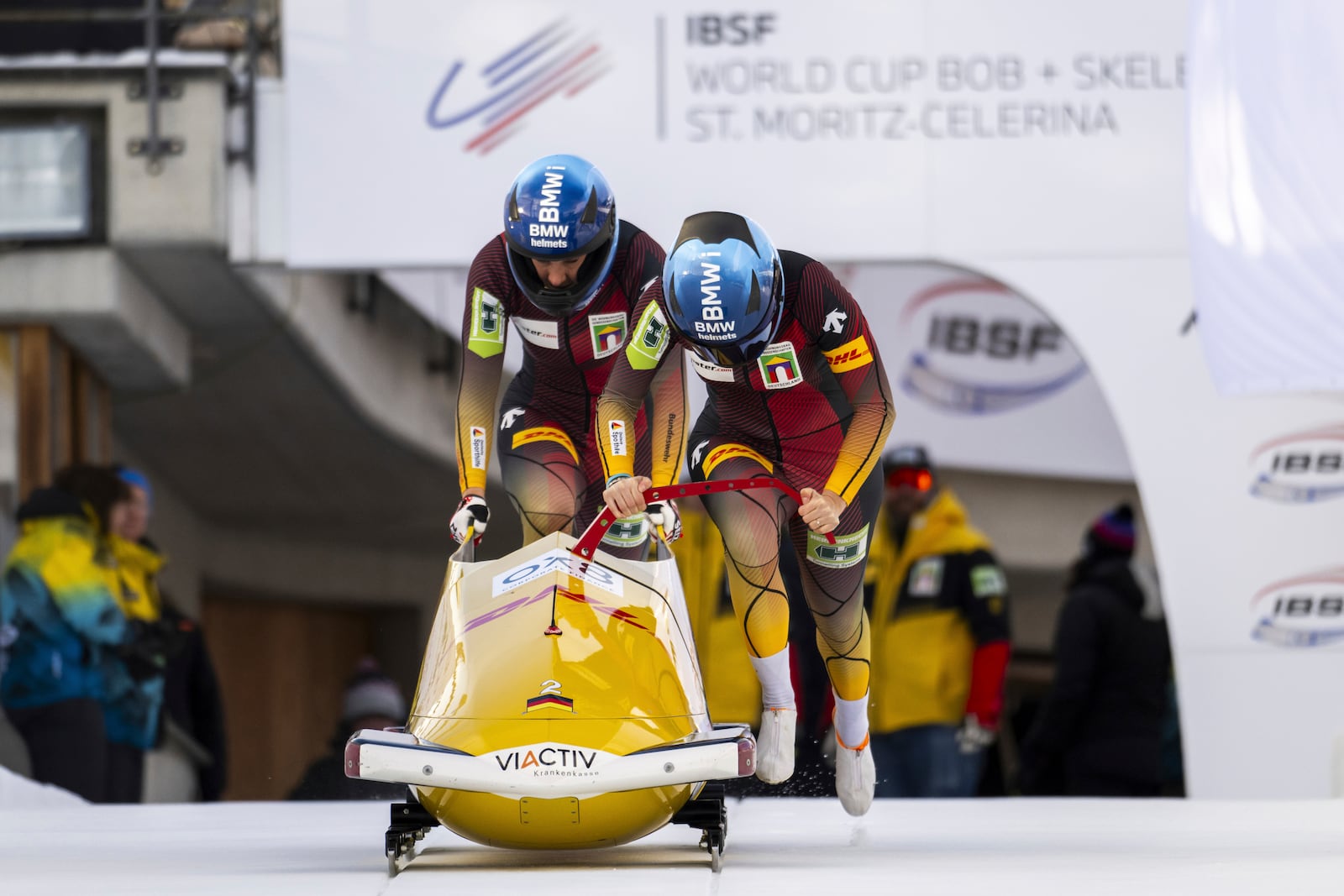 Kim Kalicki and Leonie Fiebig of Germany in action during the women's 2-Bob World Cup in St. Moritz, Switzerland, Sunday, Jan. 12, 2025. (Mayk Wendt/Keystone via AP)