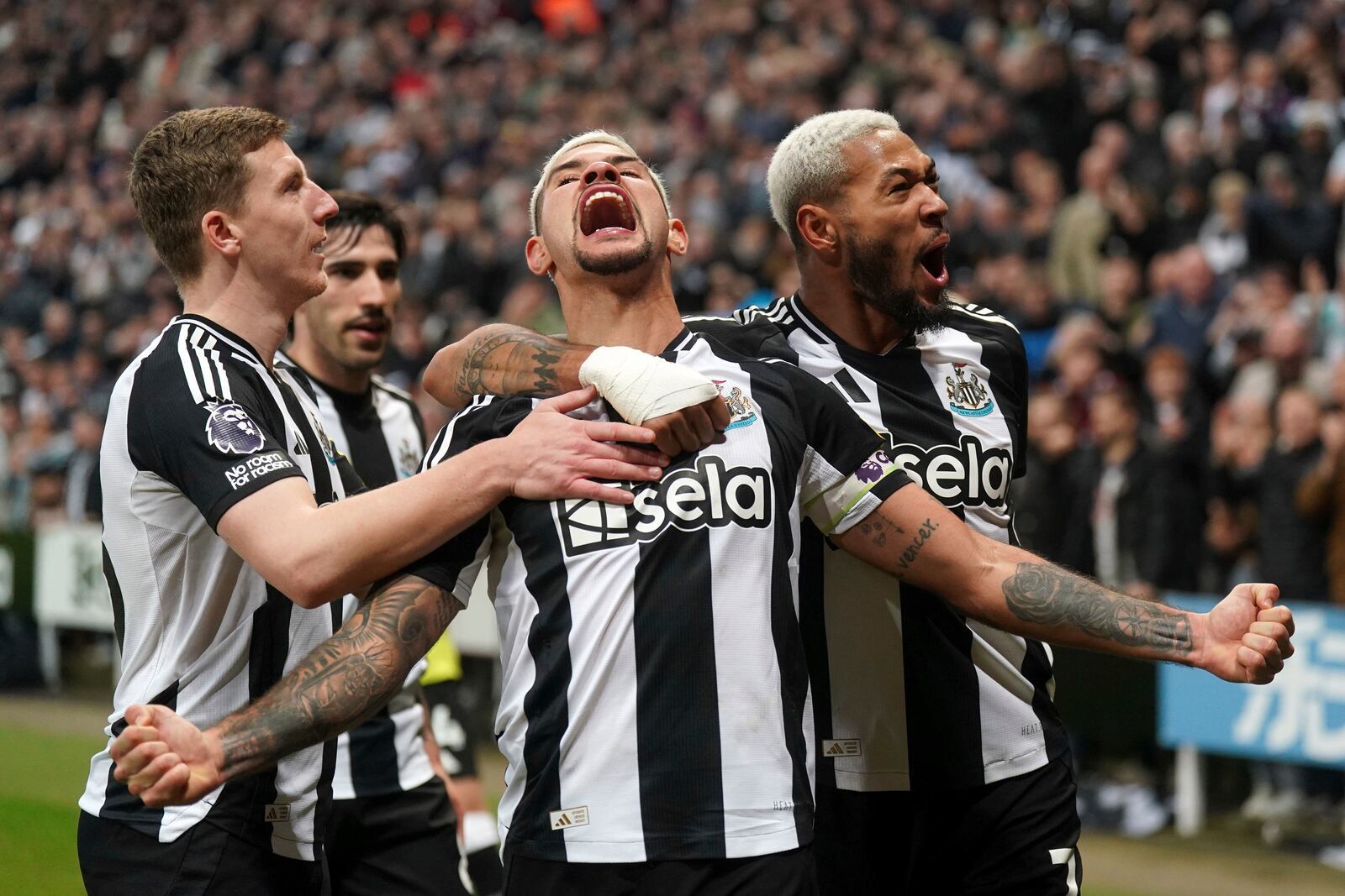 Newcastle United's Bruno Guimaraes, centre, celebrates scoring his side's third goal of the game only to see it ruled out by VAR , during the English Premier League soccer match between Newcastle United and Aston Villa at St. James' Park, in Newcastle upon Tyne, England, Thursday, Dec. 26, 2024. (Owen Humphreys/PA via AP)