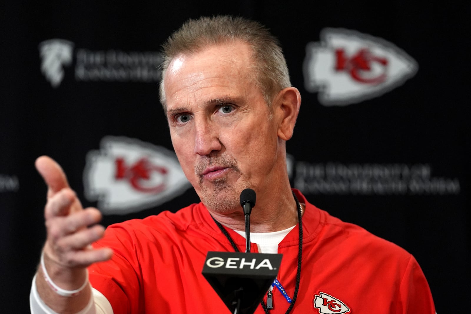 Kansas City Chiefs defensive coordinator Steve Spagnuolo addresses the media before the team's NFL football practice Thursday, Jan. 23, 2025, in Kansas City, Mo. (AP Photo/Charlie Riedel)