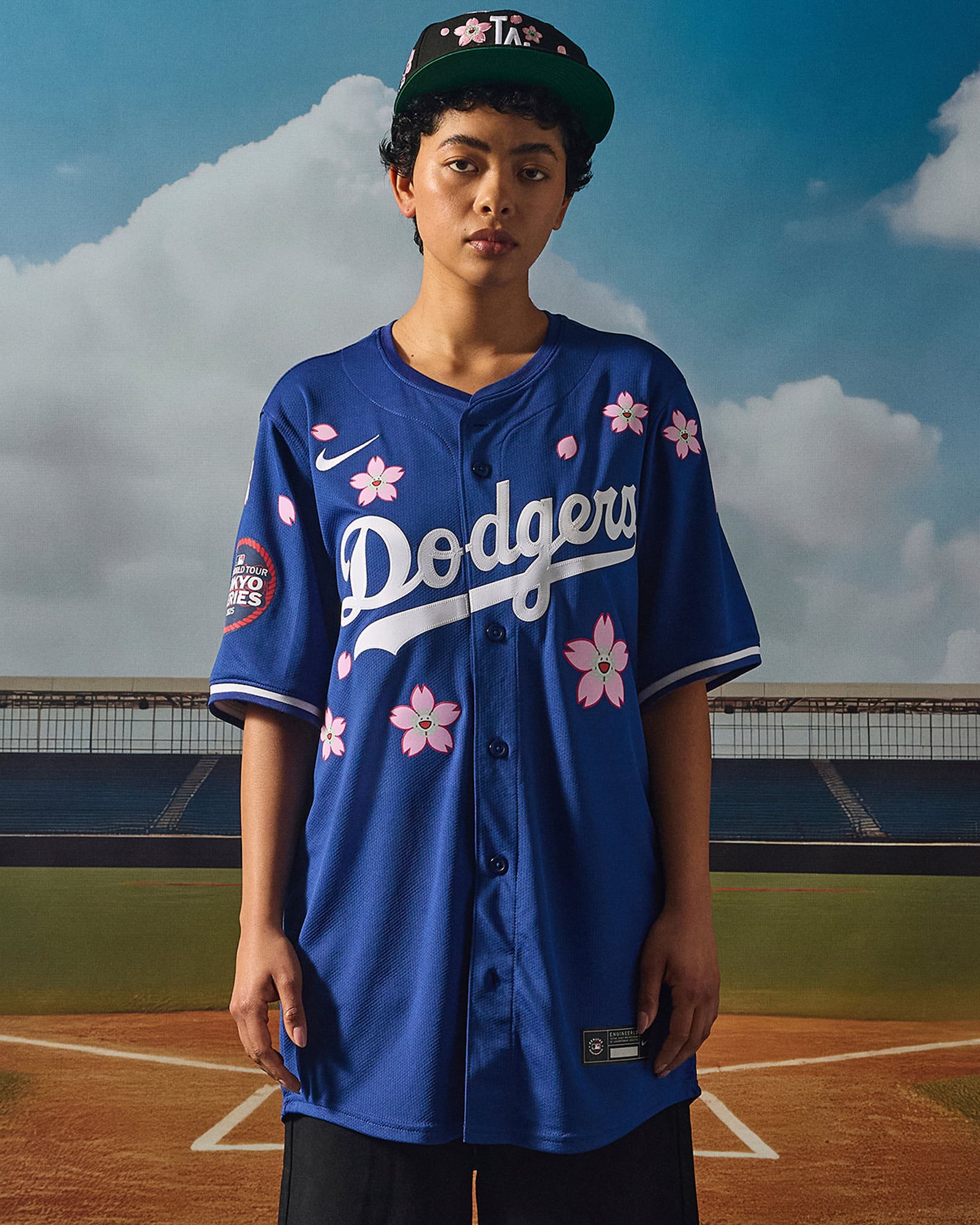 In this image provided by Complex, a model wears items from The Takashi Murakami x MLB Tokyo Series collection presented by Complex that was announced Thursday, Feb. 27, 2025, and launches March 7 in advance of the series between the Los Angeles Dodgers and Chicago Cubs that opens the MLB baseball season at the Tokyo Dome on March 18-19. (Complex via AP)