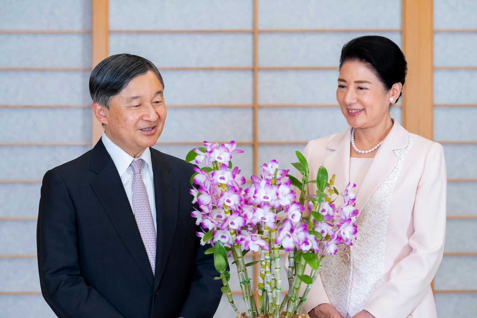 In this photo provided by the Imperial Household Agency of Japan, Emperor Naruhito and Empress Masako pose for a photo at the Imperial Palace in Tokyo, on Feb. 13, 2025, ahead of his 65th birthday on Sunday, Feb. 23. (Imperial Household Agency via AP)