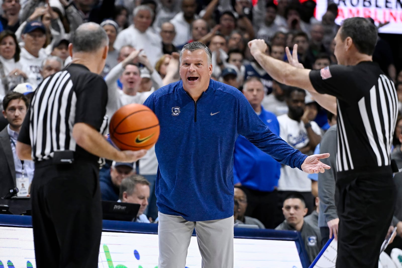 Creighton head coach Greg McDermott reacts toward officials in the second half of an NCAA college basketball game against UConn, Saturday, Jan. 18, 2025, in Storrs, Conn. (AP Photo/Jessica Hill)