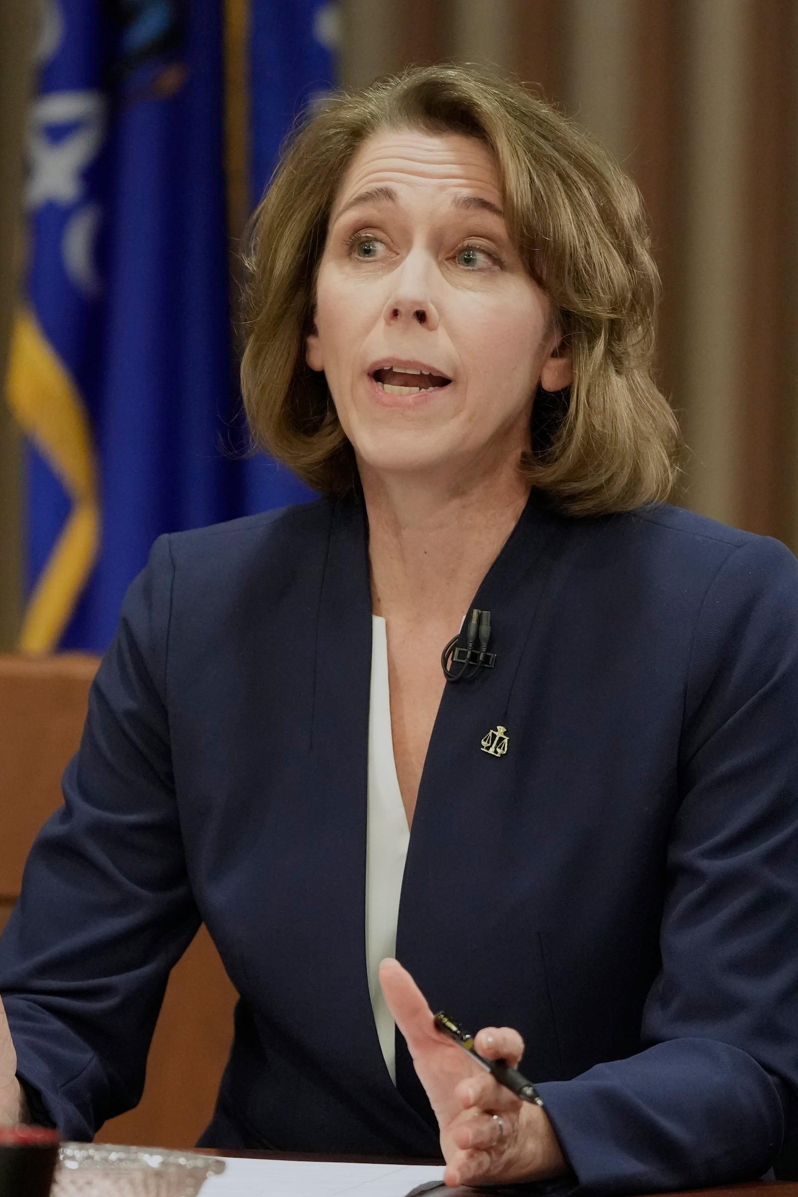 Wisconsin Supreme Court candidate Susan Crawford participates in a debate against Brad Schimel, Wednesday, March 12, 2025, in Milwaukee. (AP Photo/Morry Gash)