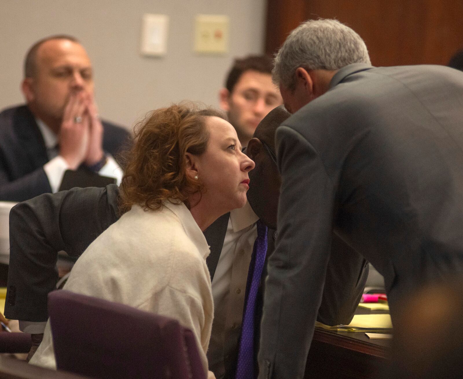 Former Brunswick Judicial Circuit District Attorney Jackie Johnson speaks with Brian Steel, one of her defense lawyers, during her trial Thursday, Jan. 30, 2025, in Brunswick, Ga., on violating her oath of office and obstruction of justice in the Ahmaud Arbery case. (Terry Dickson/The Brunswick News via AP, Pool)