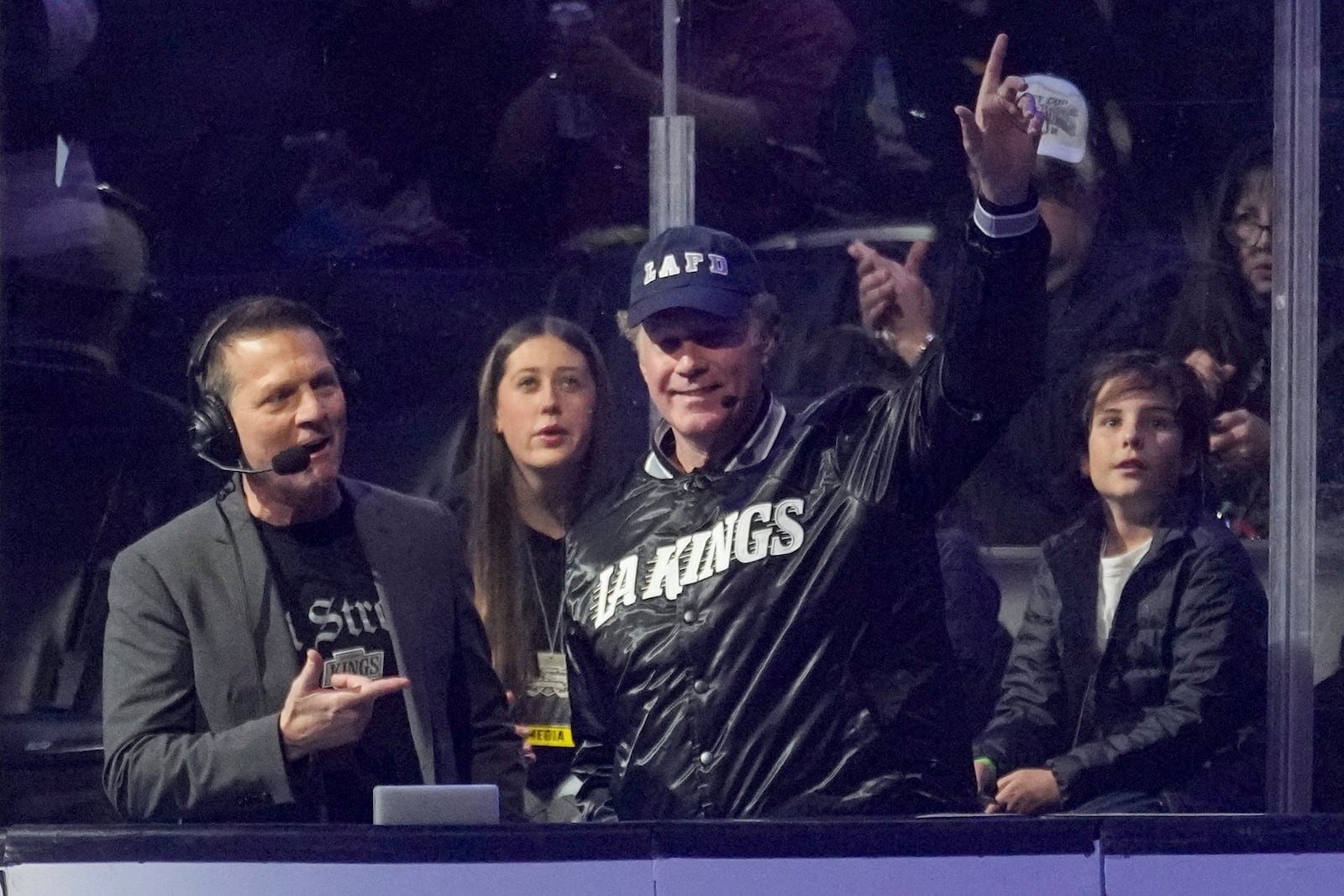 Team Black coach Will Farrell gestures during the Skate for LA Strong celebrity hockey game, Sunday, Feb. 23, 2025, in Los Angeles. (AP Photo/Eric Thayer)