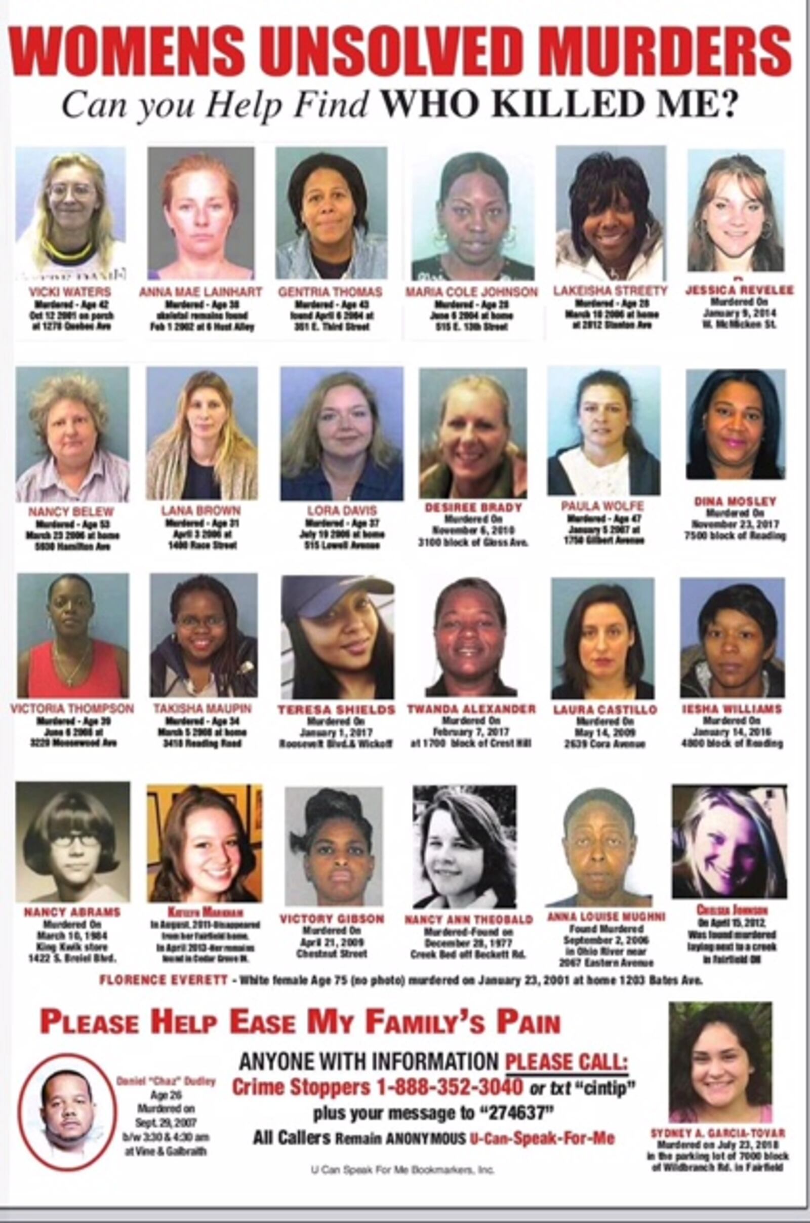 A poster featuring unsolved homicides in Butler and Hamilton counties.