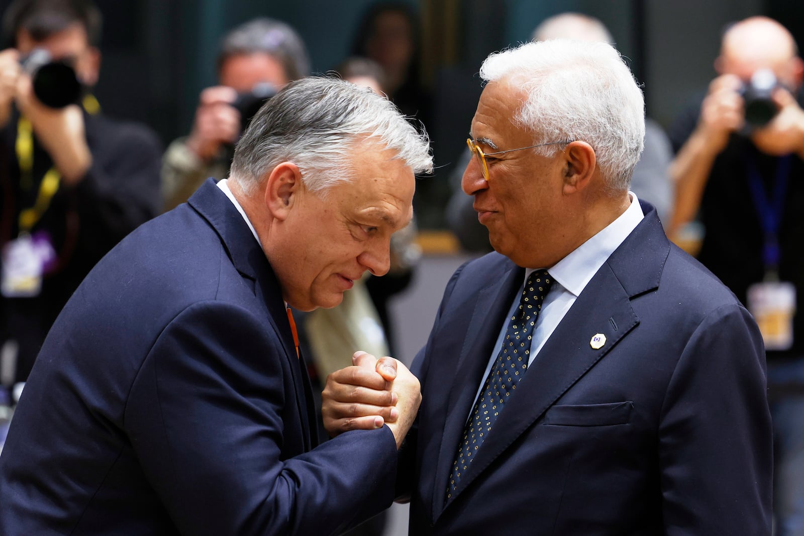 Hungary's Prime Minister Viktor Orban, left, speaks with European Council President Antonio Costa during a round table meeting at an EU Summit in Brussels, Thursday, March 6, 2025. (AP Photo/Geert Vanden Wijngaert)