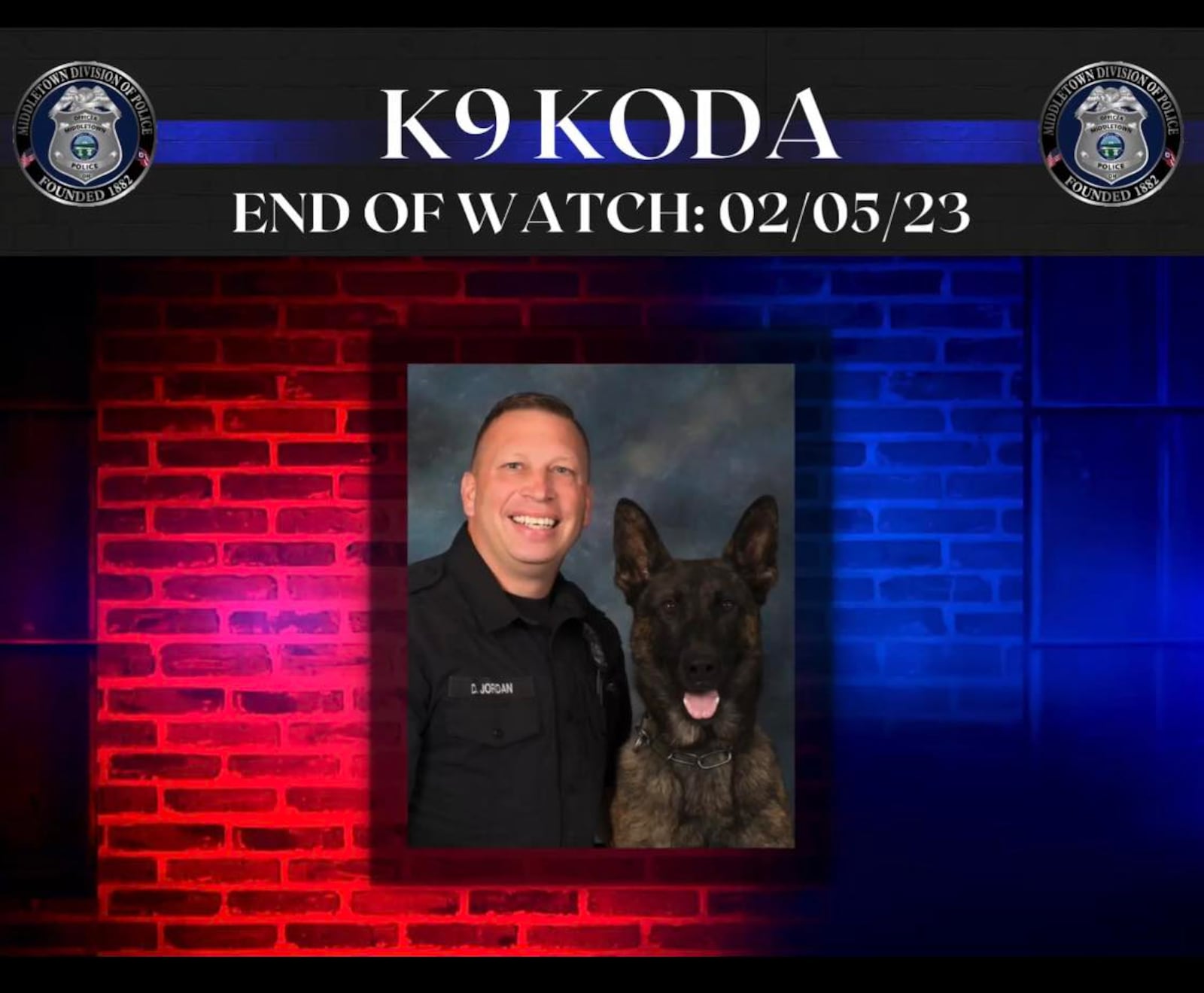 Middletown Police K9 Koda died Sunday of cancer. MIDDLETOWN DIVISION OF POLICE